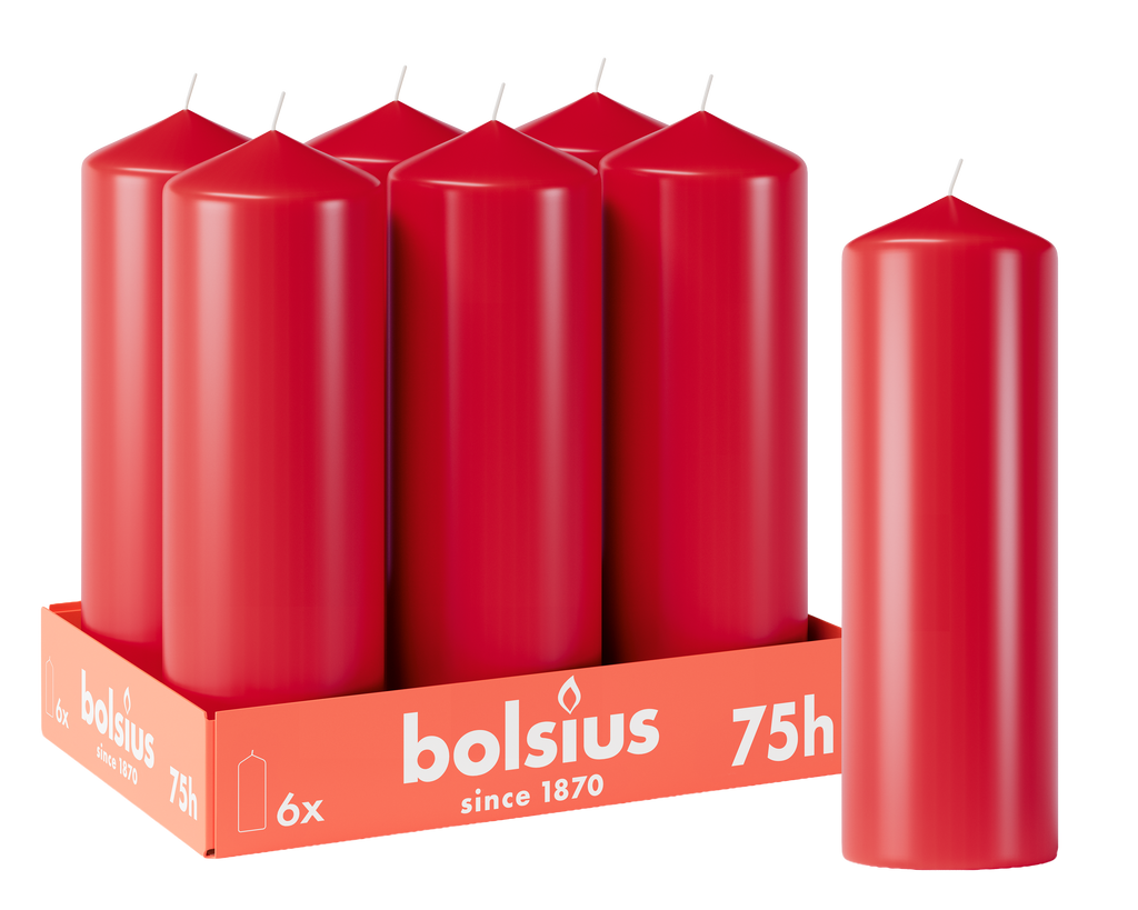 Bolsius - Gladde Stompkaarsen - 6 Stuks - Rood - 75 branduren - 20 x 6,8 cm
