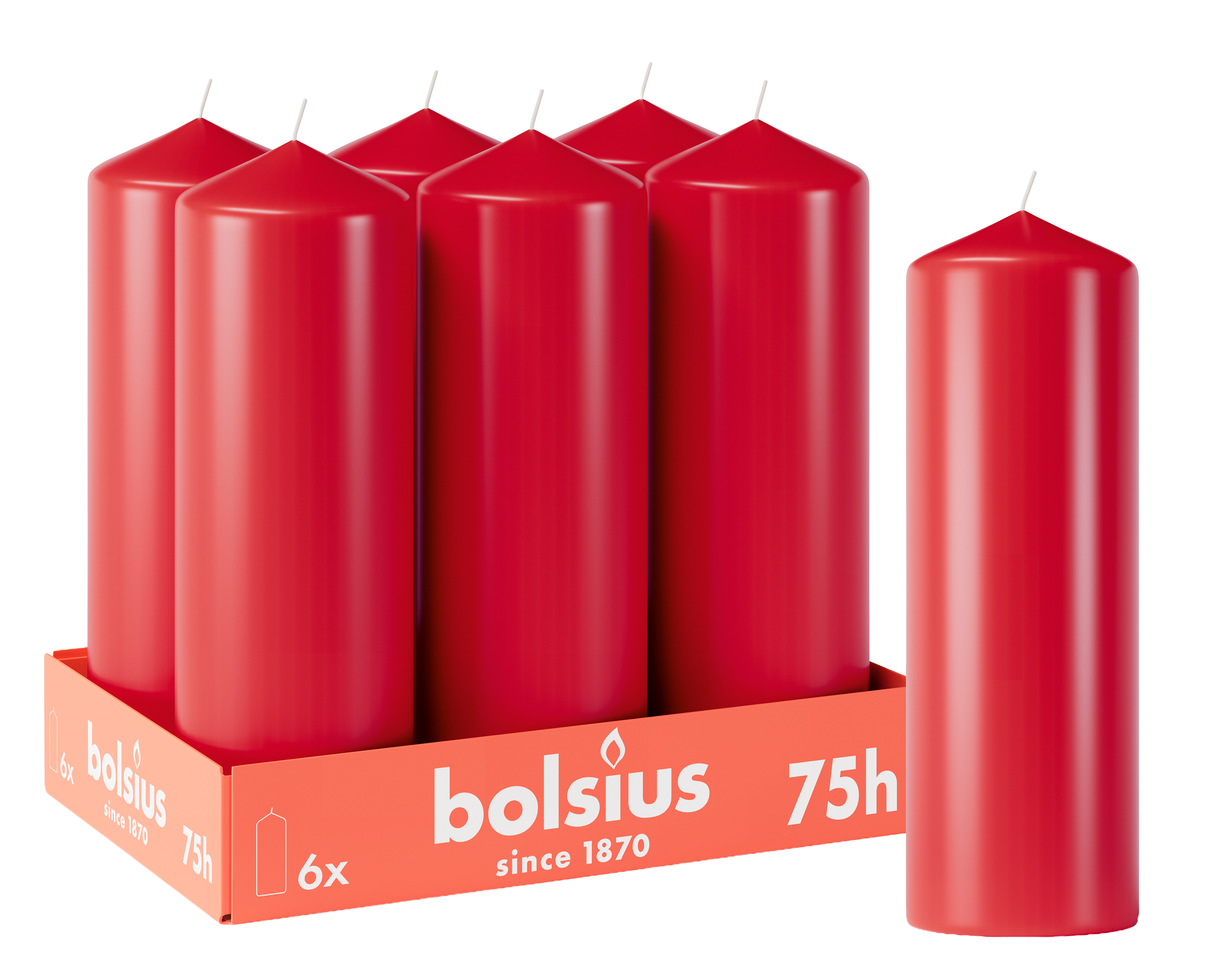 Bolsius - Gladde Stompkaarsen - 6 Stuks - Rood - 75 branduren - 20 x 6,8 cm