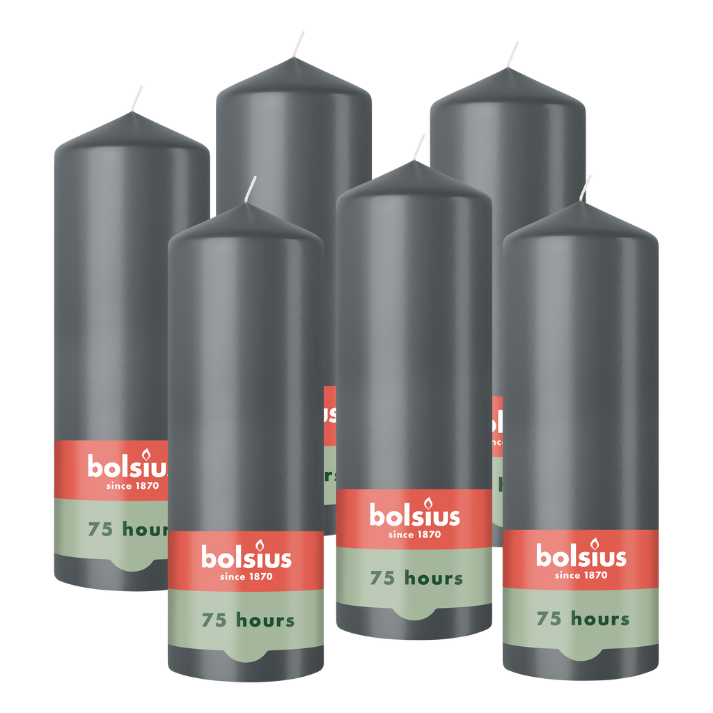 Bolsius - Gladde Stompkaarsen - 6 Stuks - Antraciet - 20cm - 75 Branduren
