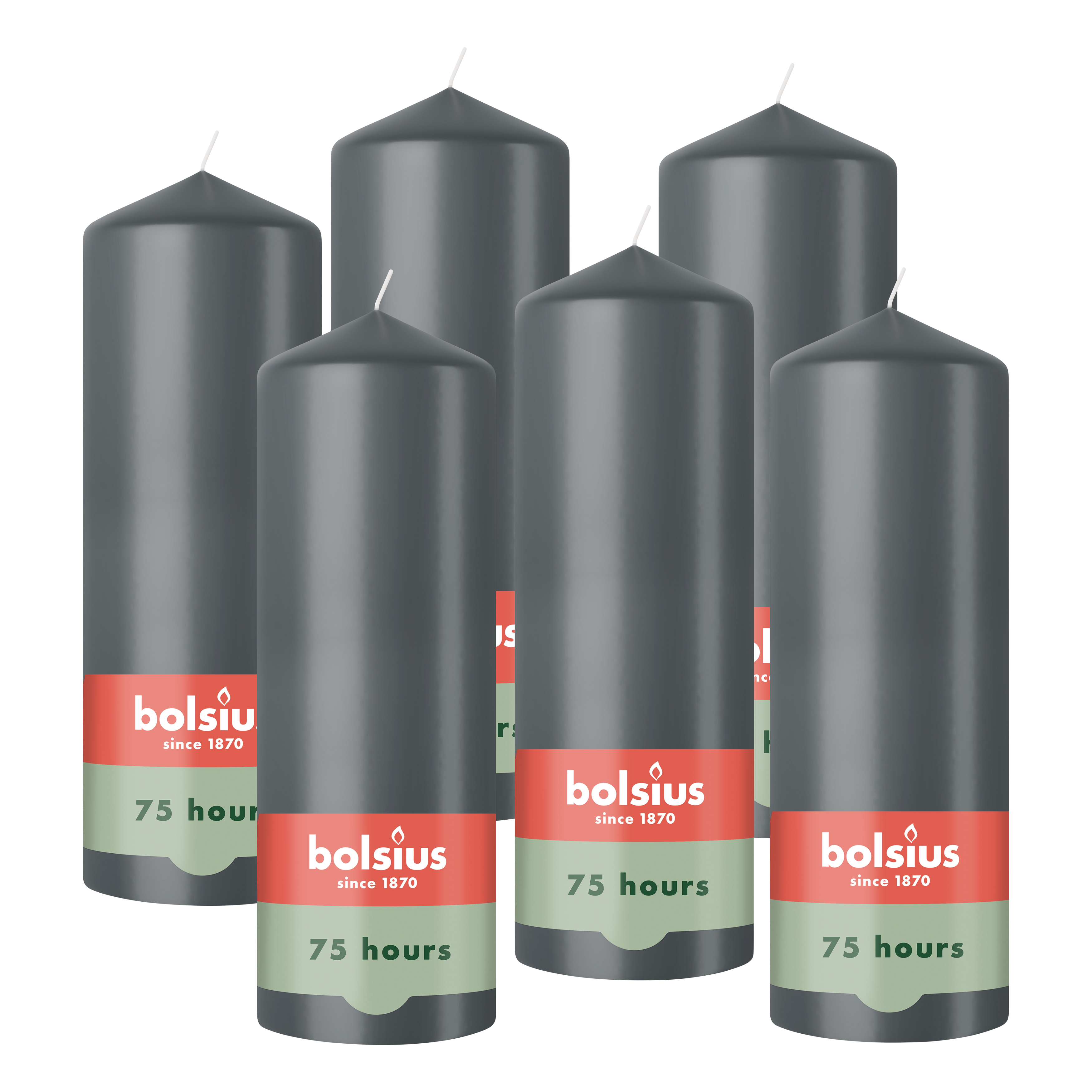 Bolsius - Gladde Stompkaarsen - 6 Stuks - Antraciet - 20cm - 75 Branduren