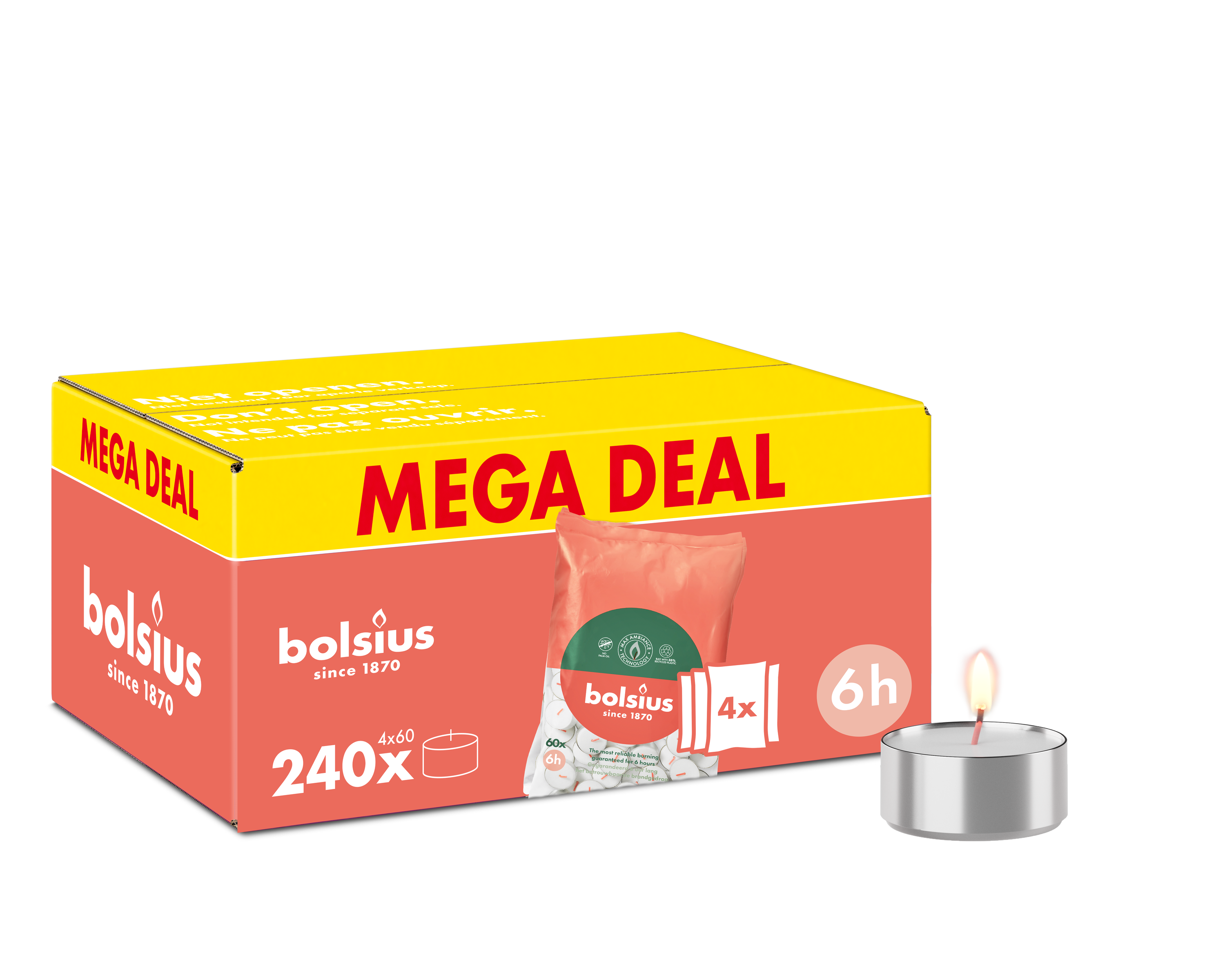 Bolsius - Grootverpakking Waxinelichtjes - 240 Stuks - Theelichtjes - Wit - 6 branduren - Duurzamere Theelichten