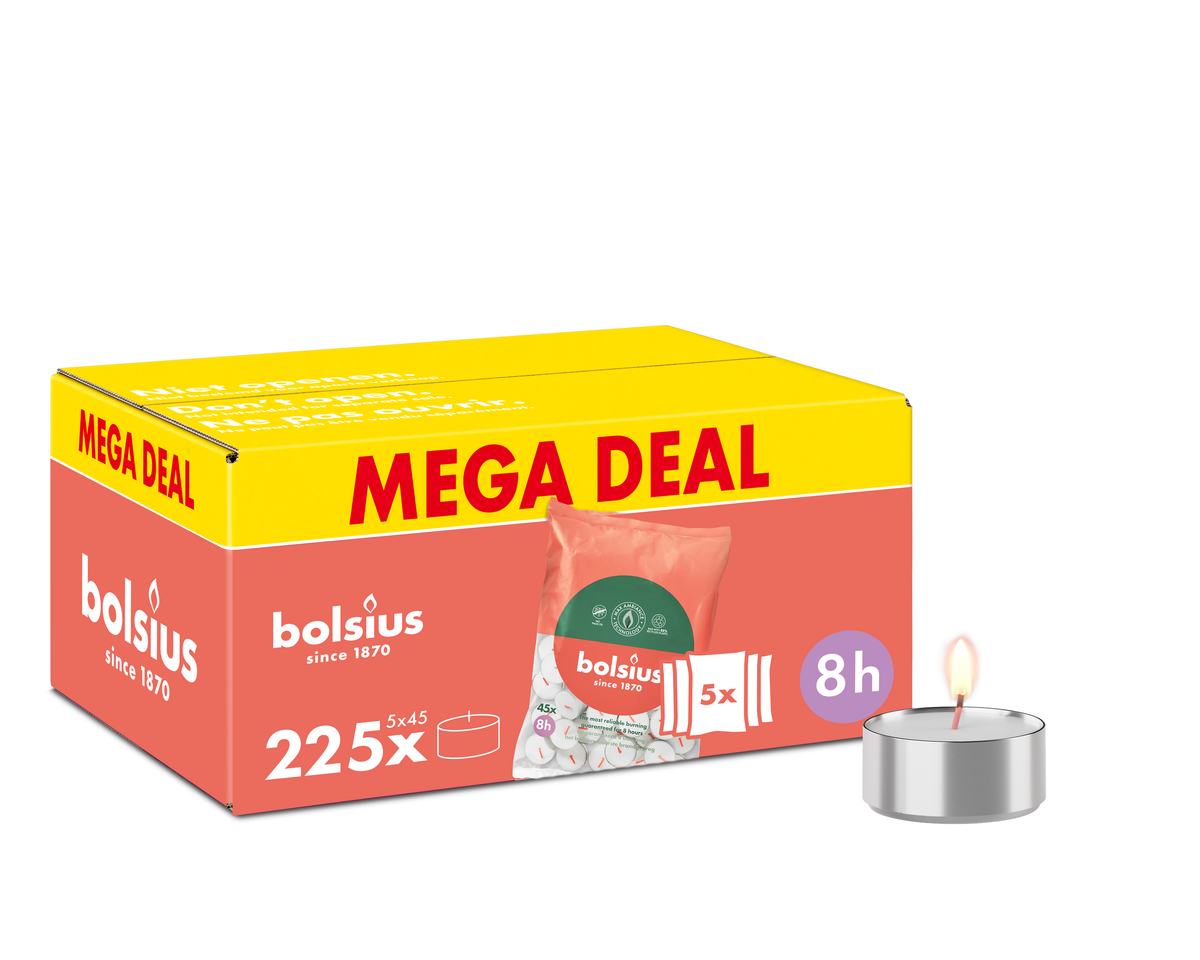 Bolsius - Grootverpakking Waxinelichtjes - 225 Stuks - Theelichtjes - Wit - 8 branduren - Duurzamere Theelichten