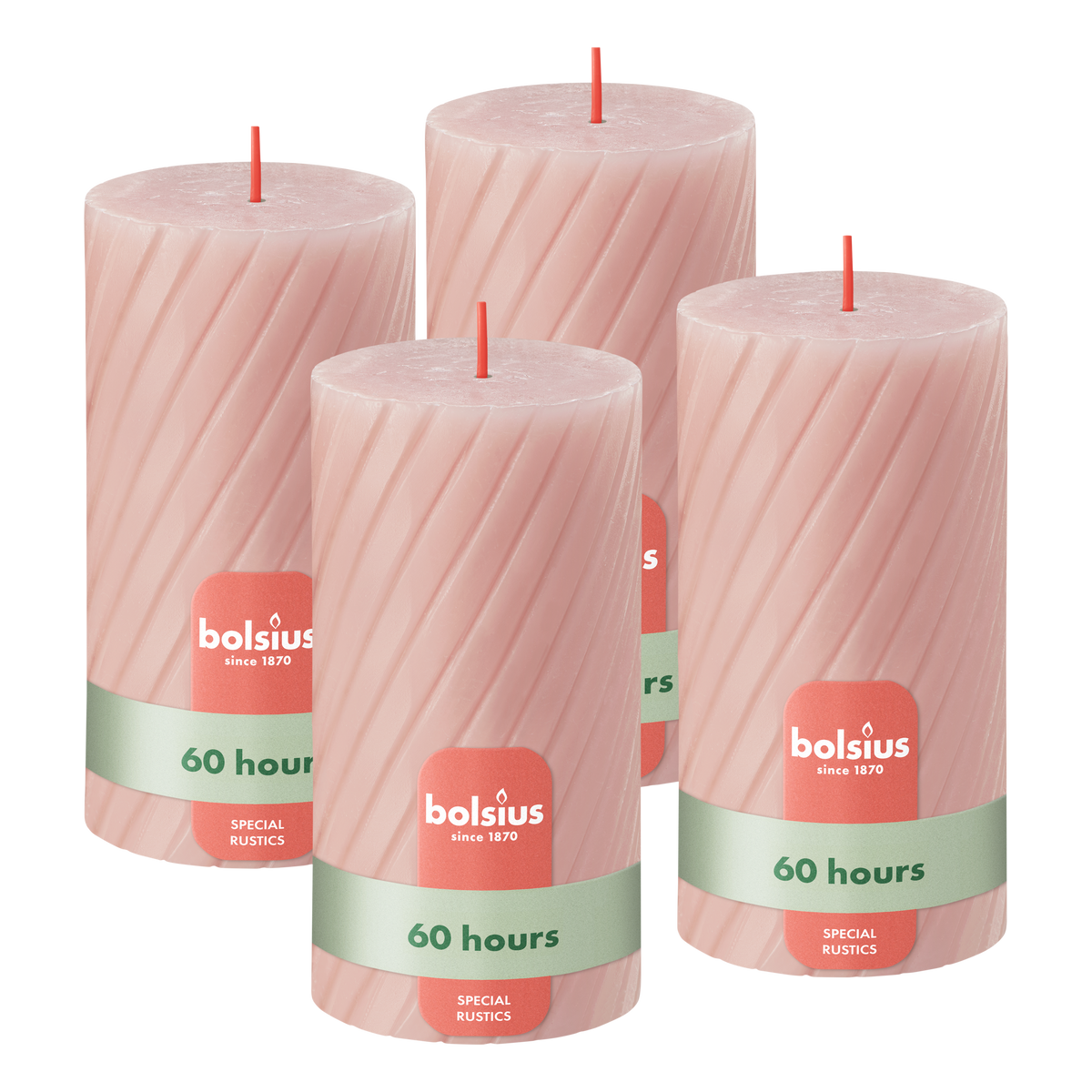 Bolsius - Rustieke Kaars - Gedraaid Patroon - 4 stuks - Roze - 60 branduren - 13 cm
