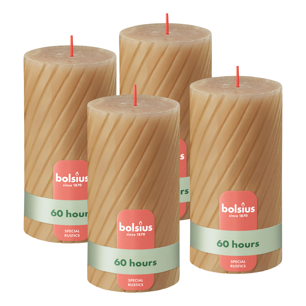 Bolsius - Rustieke Kaars - Gedraaid Patroon - 4 stuks - Beige - 60 branduren - 13 cm