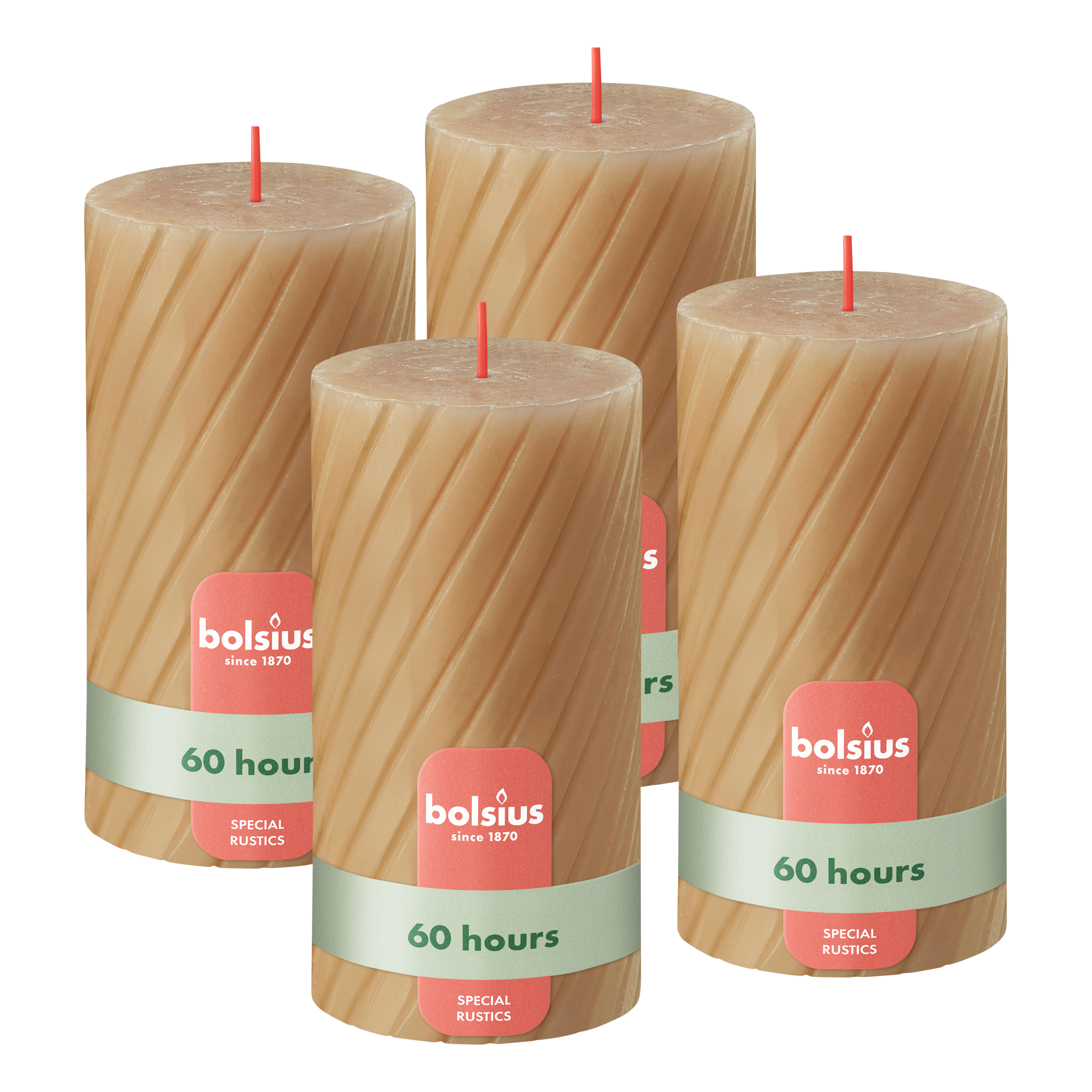 Bolsius - Rustieke Kaars - Gedraaid Patroon - 4 stuks - Beige - 60 branduren - 13 cm