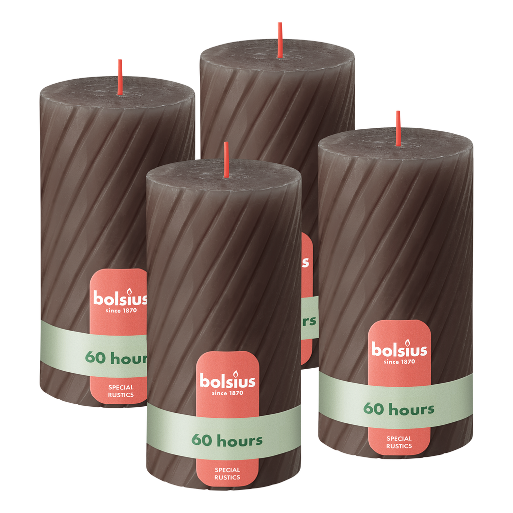 Bolsius - Rustieke Kaars - Gedraaid Patroon - 4 stuks - Taupe Donker Bruin - 60 branduren - 13 cm