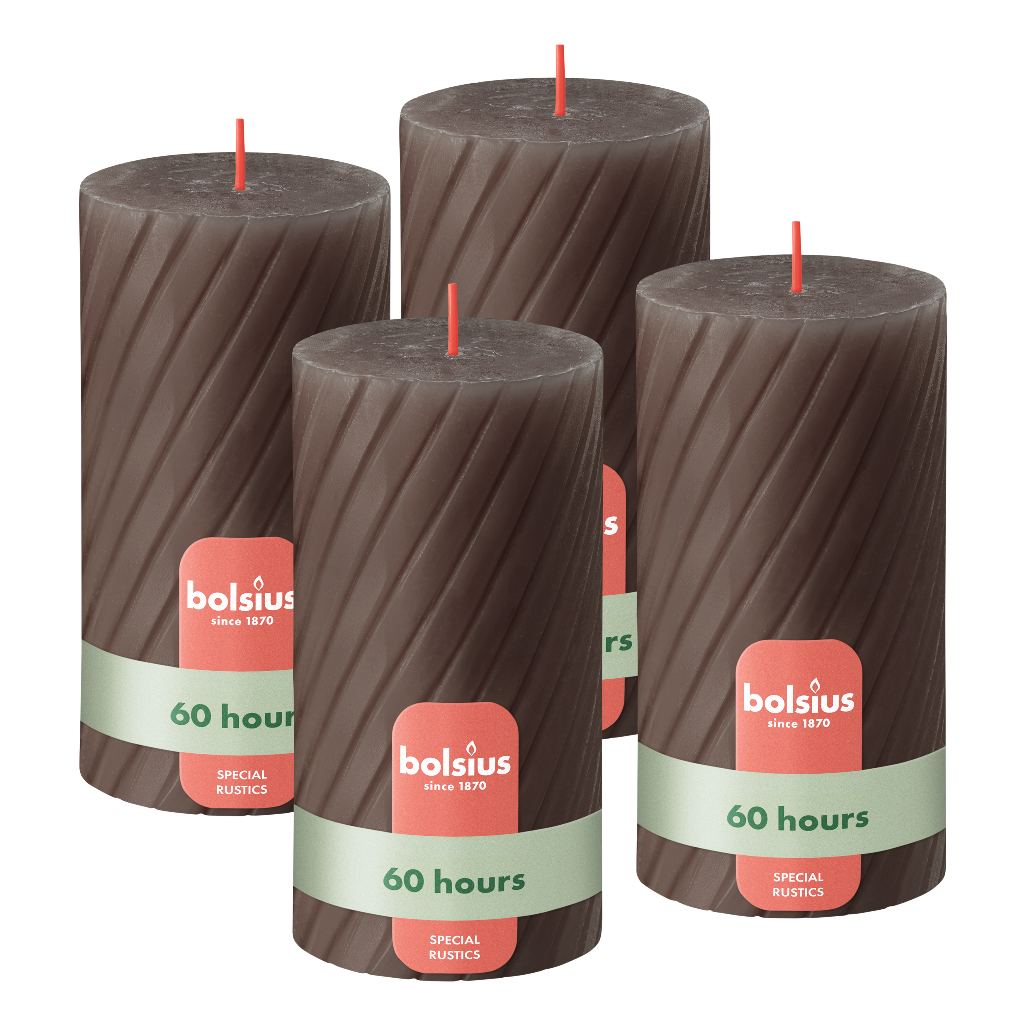 Bolsius - Rustieke Kaars - Gedraaid Patroon - 4 stuks - Taupe Donker Bruin - 60 branduren - 13 cm