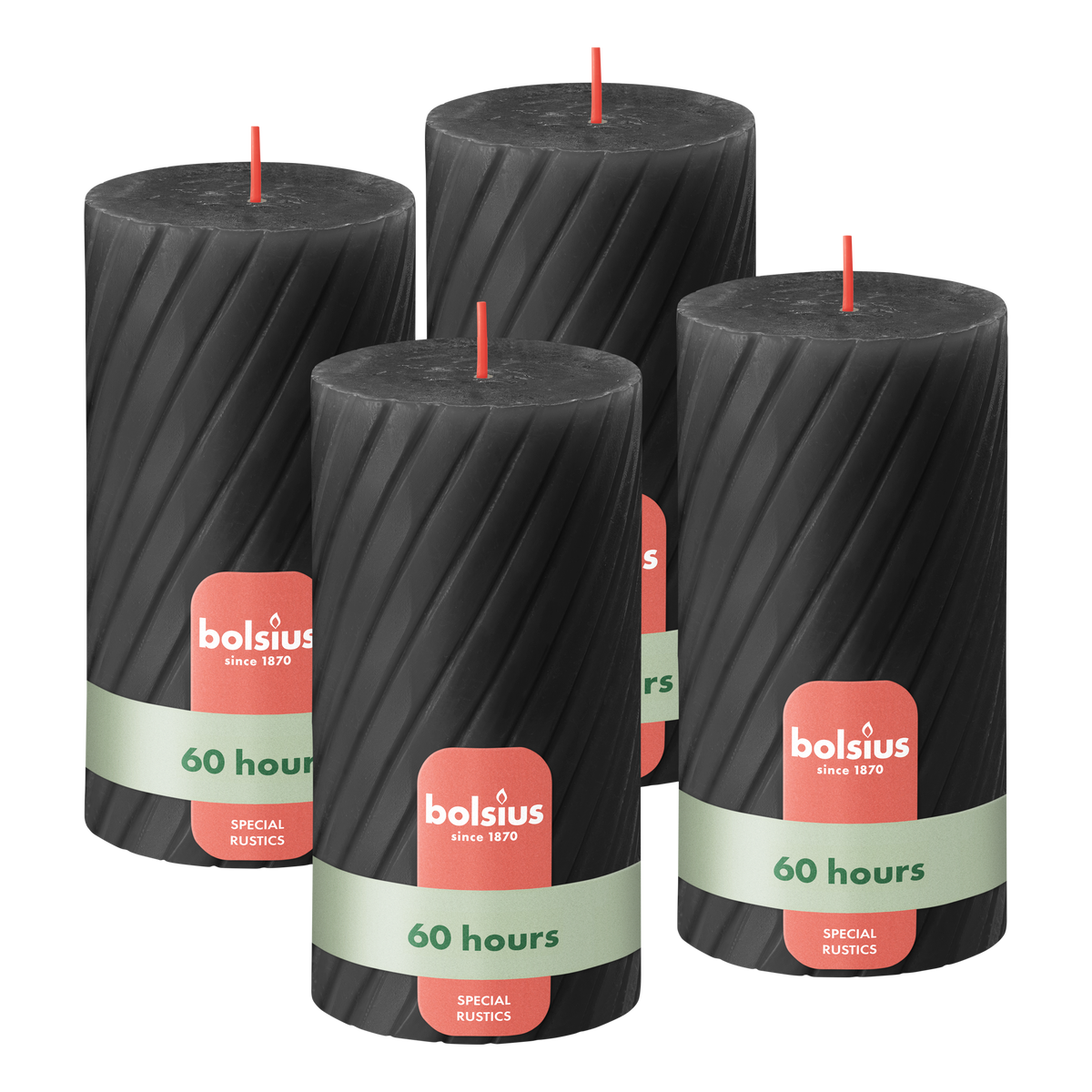 Bolsius - Rustieke Kaars - Gedraaid Patroon - 4 stuks - Antraciet - 60 branduren - 13 cm