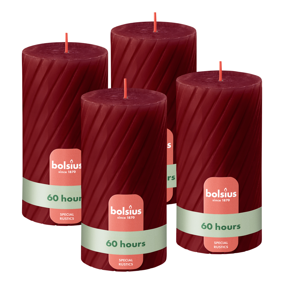 Bolsius - Rustieke Kaars - Gedraaid Patroon - 4 stuks - Rood - 60 branduren - 13 cm