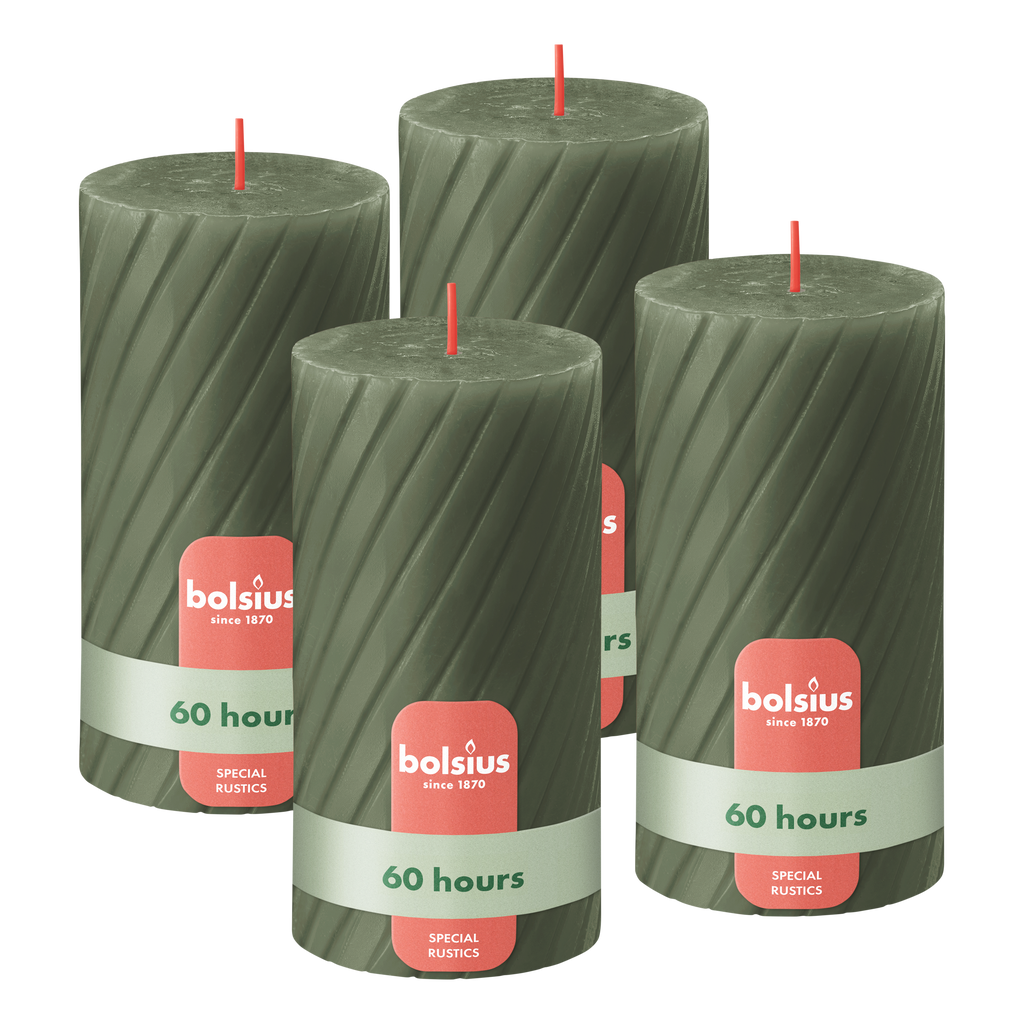 Bolsius - Rustieke Kaars - Gedraaid Patroon - 4 stuks - Groen - 60 branduren - 13 cm