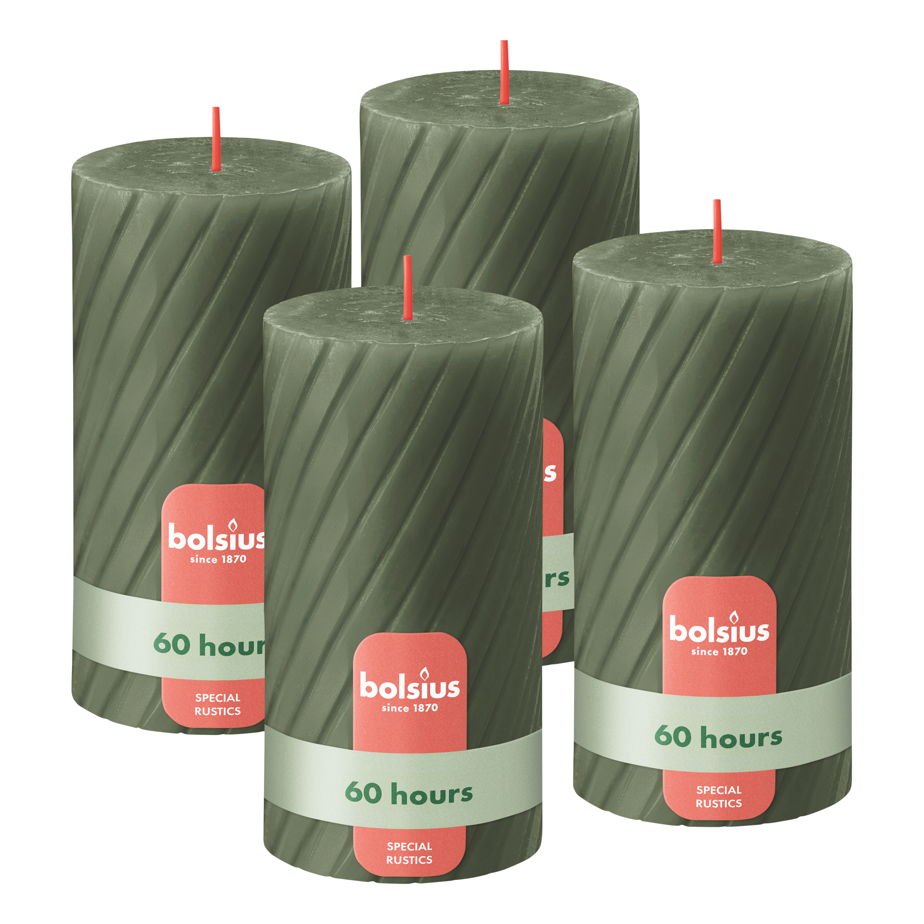 Bolsius - Rustieke Kaars - Gedraaid Patroon - 4 stuks - Groen - 60 branduren - 13 cm