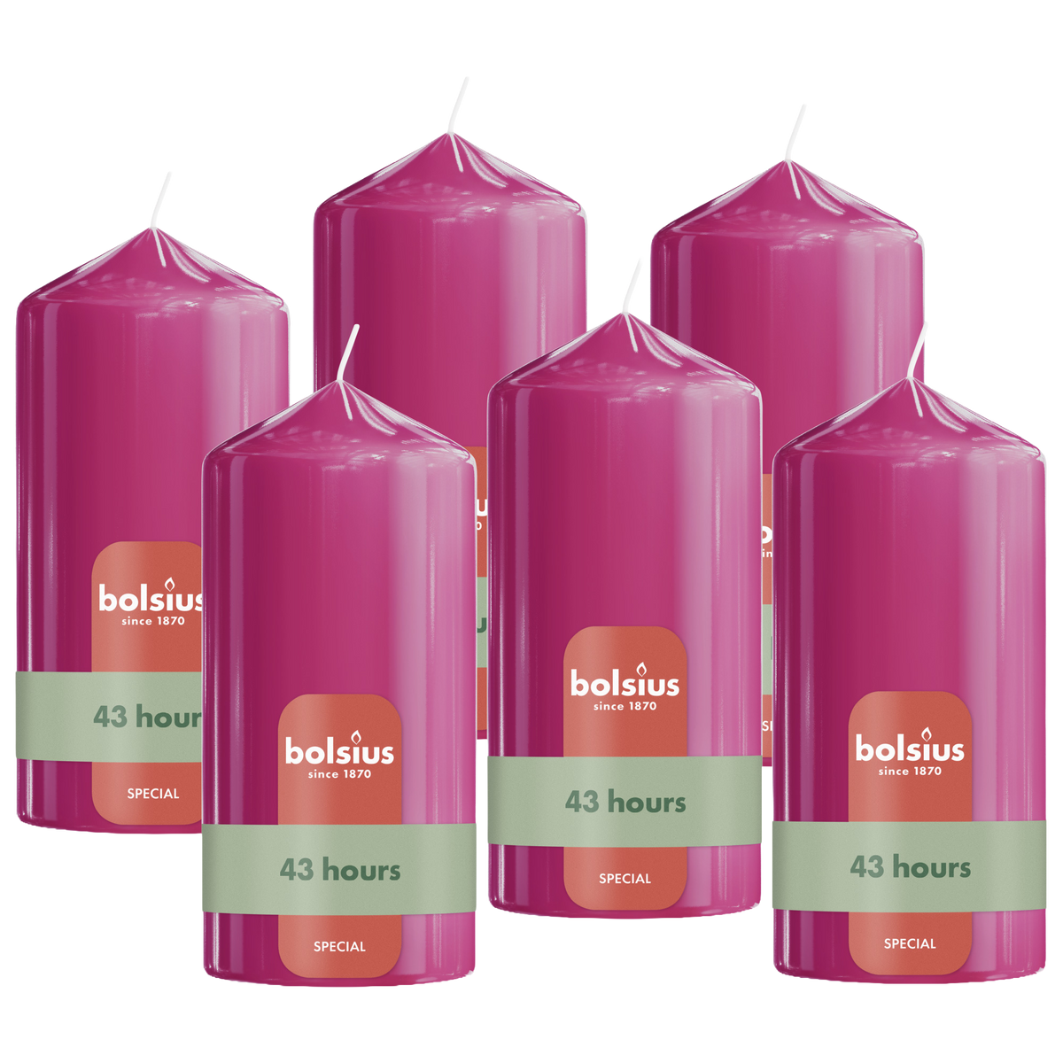 Bolsius - Glossy - Stompkaarsen - 6 Stuks - Fuchsia Roze - 13cm - 43 branduren