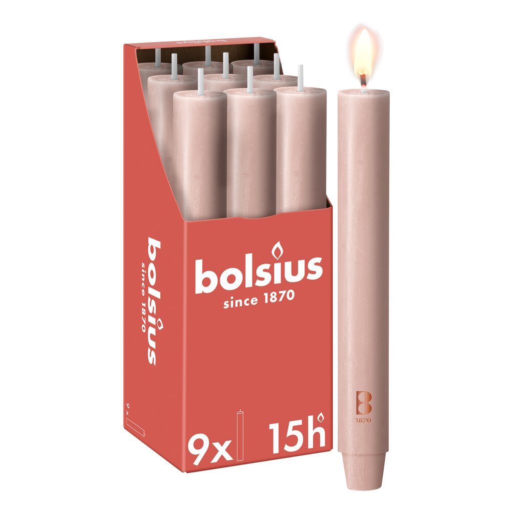 Bolsius - 9 Dinerkaarsen Rustiek Extra Breed - Roze - 23 cm - Diameter 3 cm - 15 Branduren