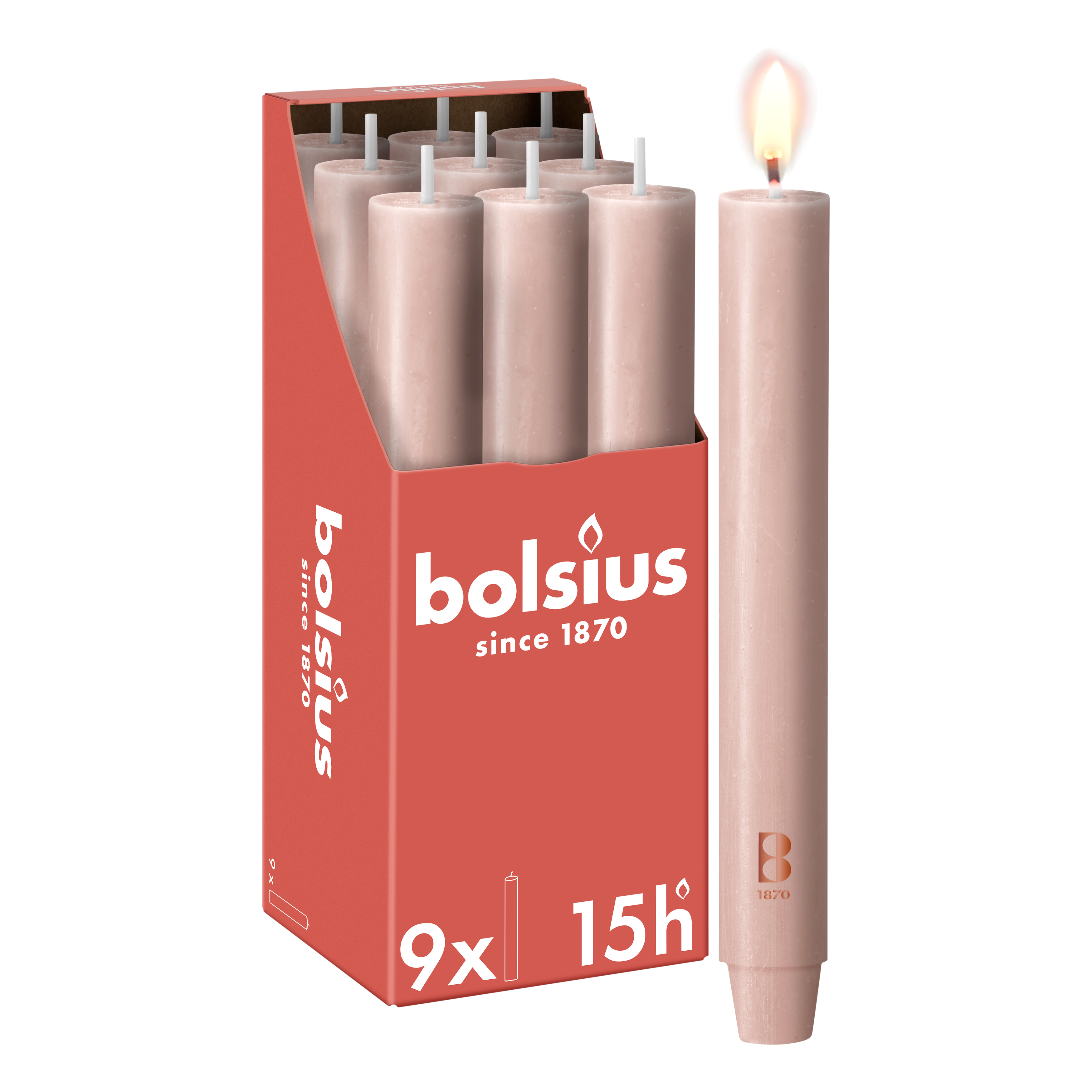 Bolsius - 9 Dinerkaarsen Rustiek Extra Breed - Roze - 23 cm - Diameter 3 cm - 15 Branduren