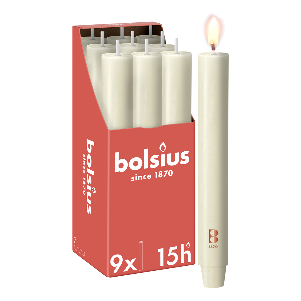 Bolsius - 9 Dinerkaarsen Rustiek Extra Breed - Ivoor - 23 cm - Diameter 3 cm - 15 Branduren