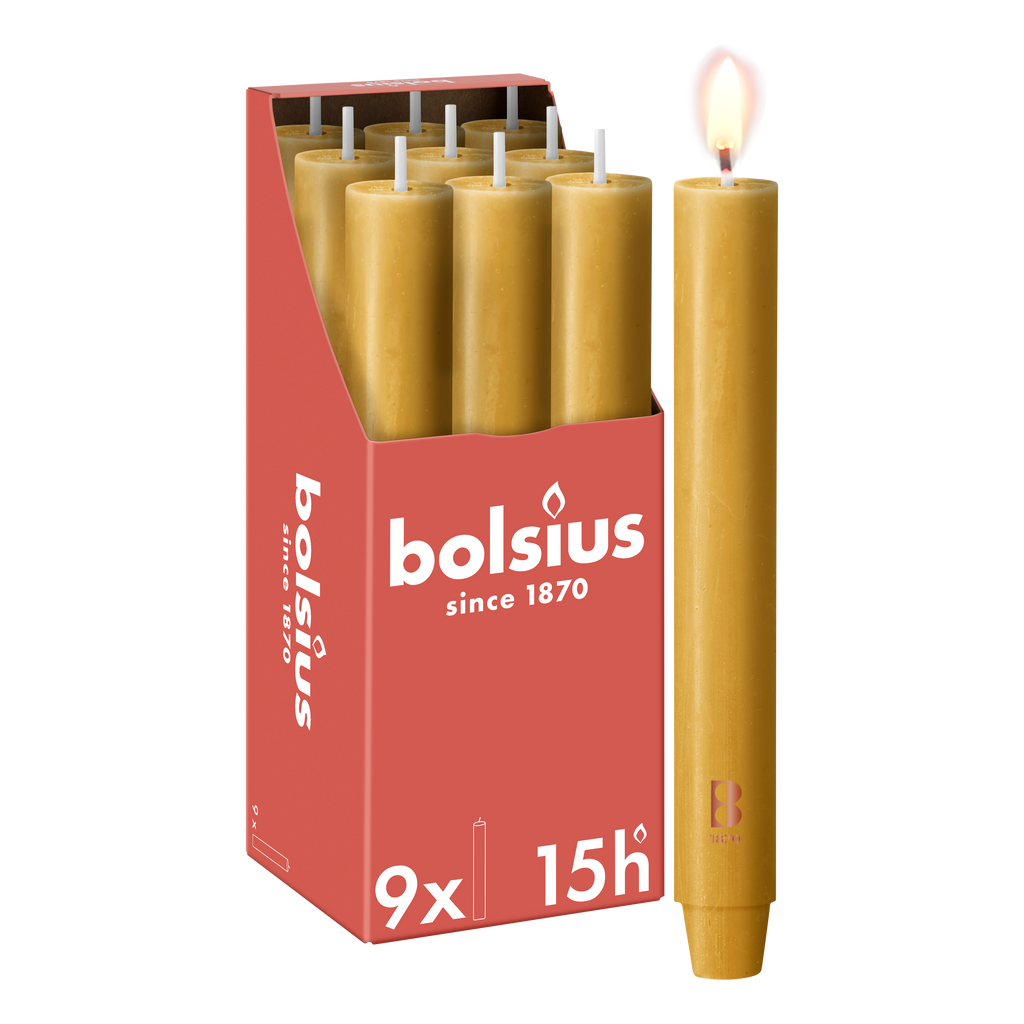 Bolsius - 9 Dinerkaarsen Rustiek Extra Breed - Beige - 23 cm - Diameter 3 cm - 15 Branduren