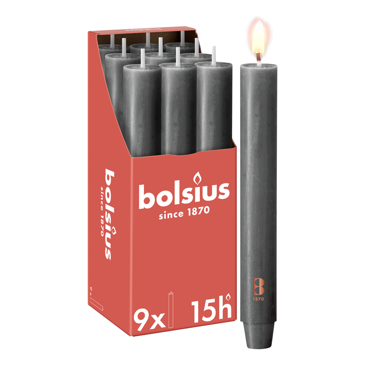 Bolsius - 9 Dinerkaarsen Rustiek Extra Breed - Antraciet - 23 cm - Diameter 3 cm - 15 Branduren