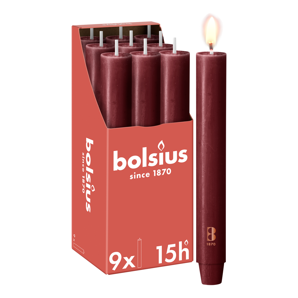 Bolsius - 9 Dinerkaarsen Rustiek Extra Breed - Bordeaux Rood- 23 cm - Diameter 3 cm - 15 Branduren