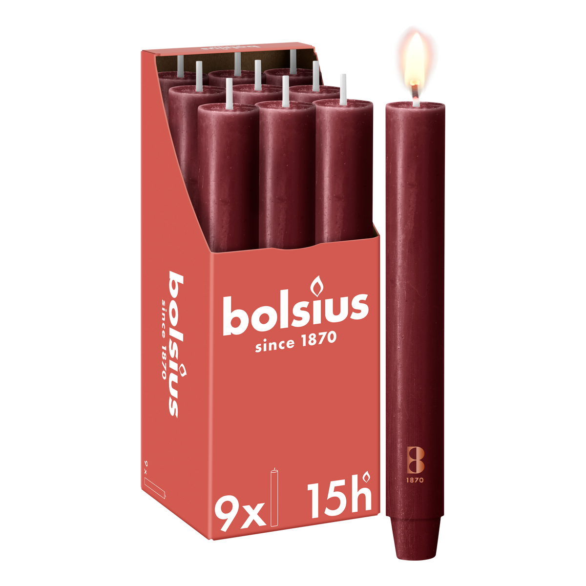 Bolsius - 9 Dinerkaarsen Rustiek Extra Breed - Bordeaux Rood- 23 cm - Diameter 3 cm - 15 Branduren