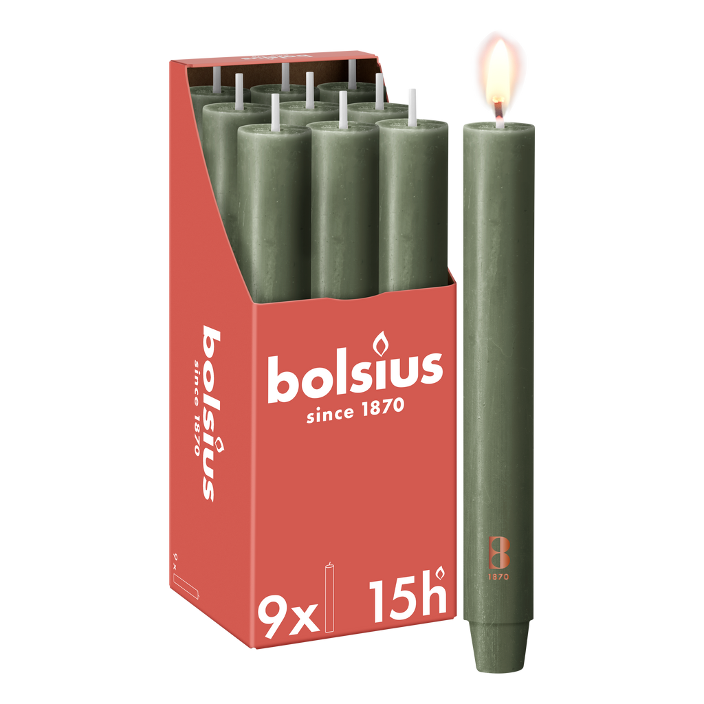 Bolsius - 9 Dinerkaarsen Rustiek Extra Breed - Olijfgroen - 23 cm - Diameter 3 cm - 15 Branduren