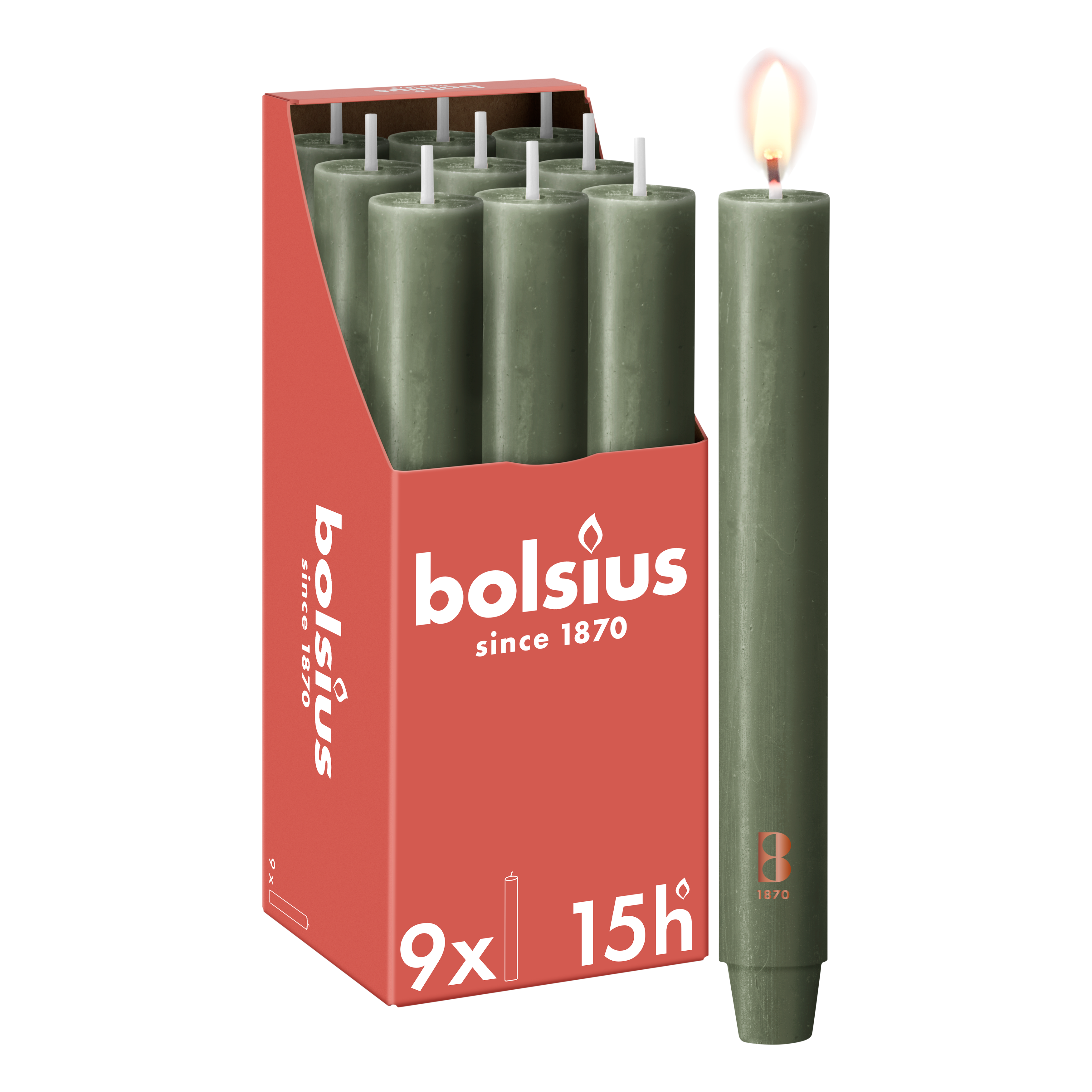 Bolsius - 9 Dinerkaarsen Rustiek Extra Breed - Olijfgroen - 23 cm - Diameter 3 cm - 15 Branduren