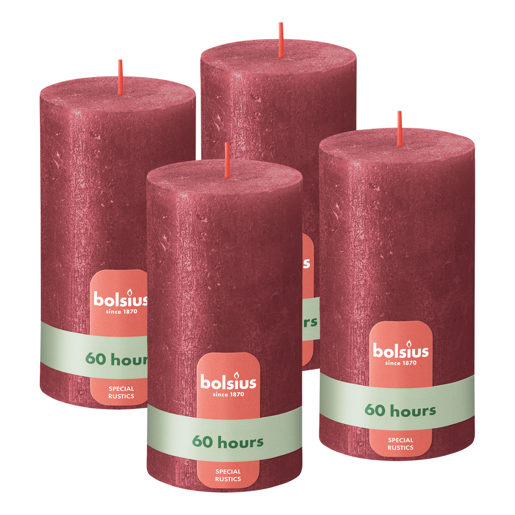 Bolsius - Rustieke kaars Shimmer - 4 Stuks - Metallic - Rood - 13cm