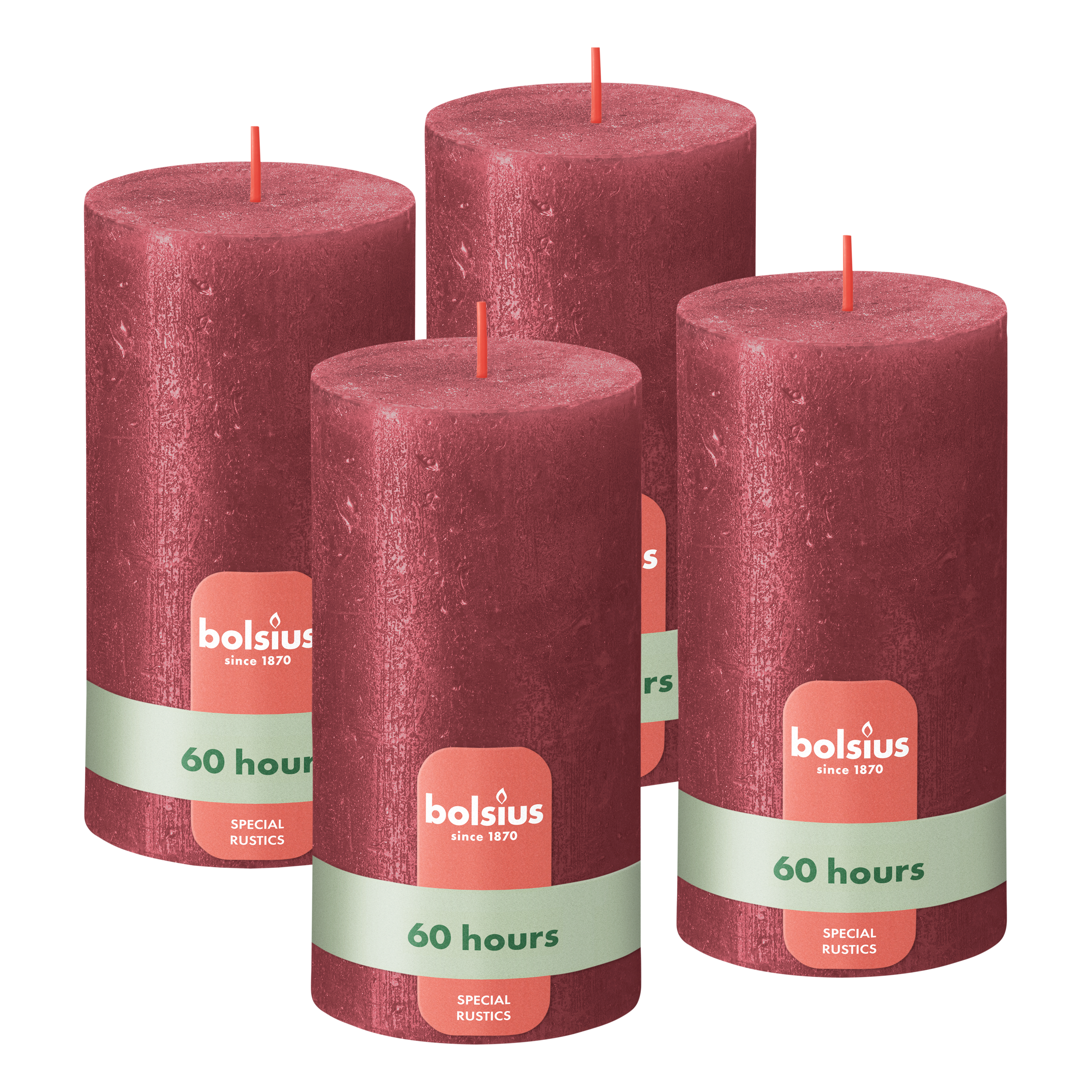 Bolsius - Rustieke kaars Shimmer - 4 Stuks - Metallic - Rood - 13cm