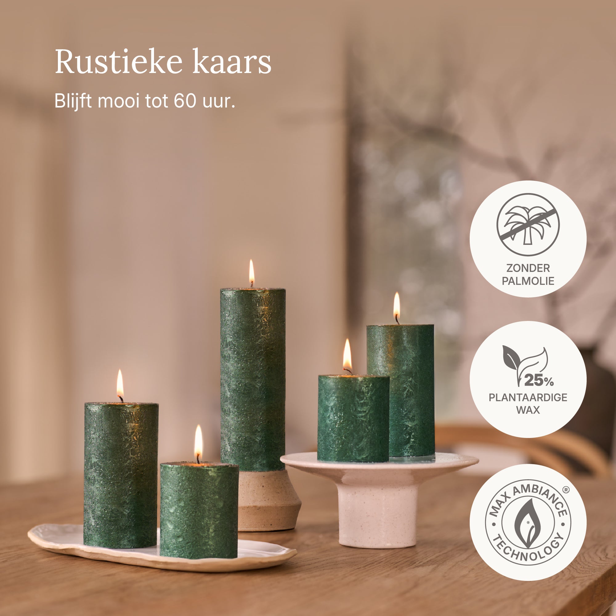 Bolsius - Rustieke kaars Shimmer - 4 Stuks - Metallic Groen - 13cm - 60 Branduren