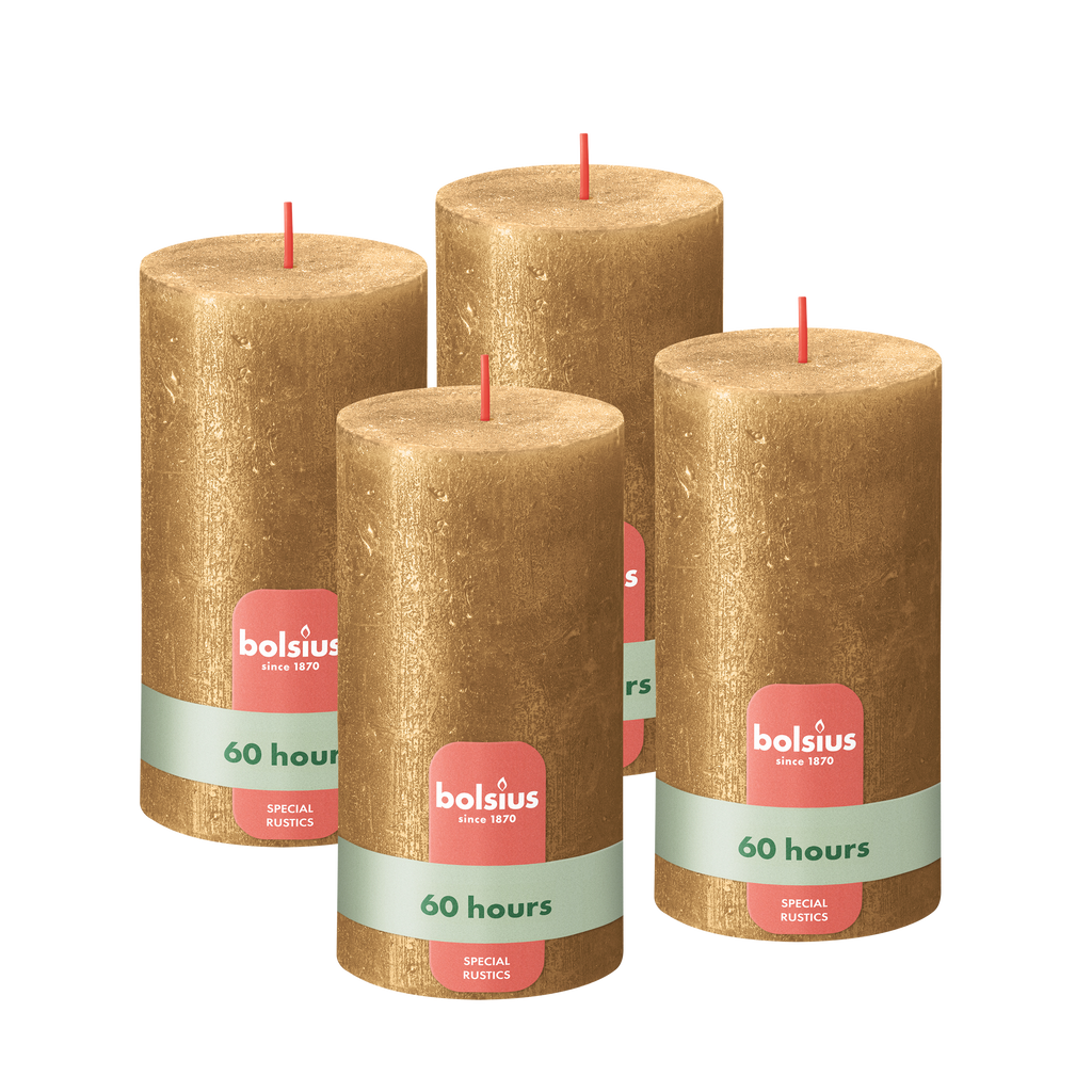 Bolsius - Rustieke kaars Shimmer - 4 Stuks - Metallic - Goud - 13cm