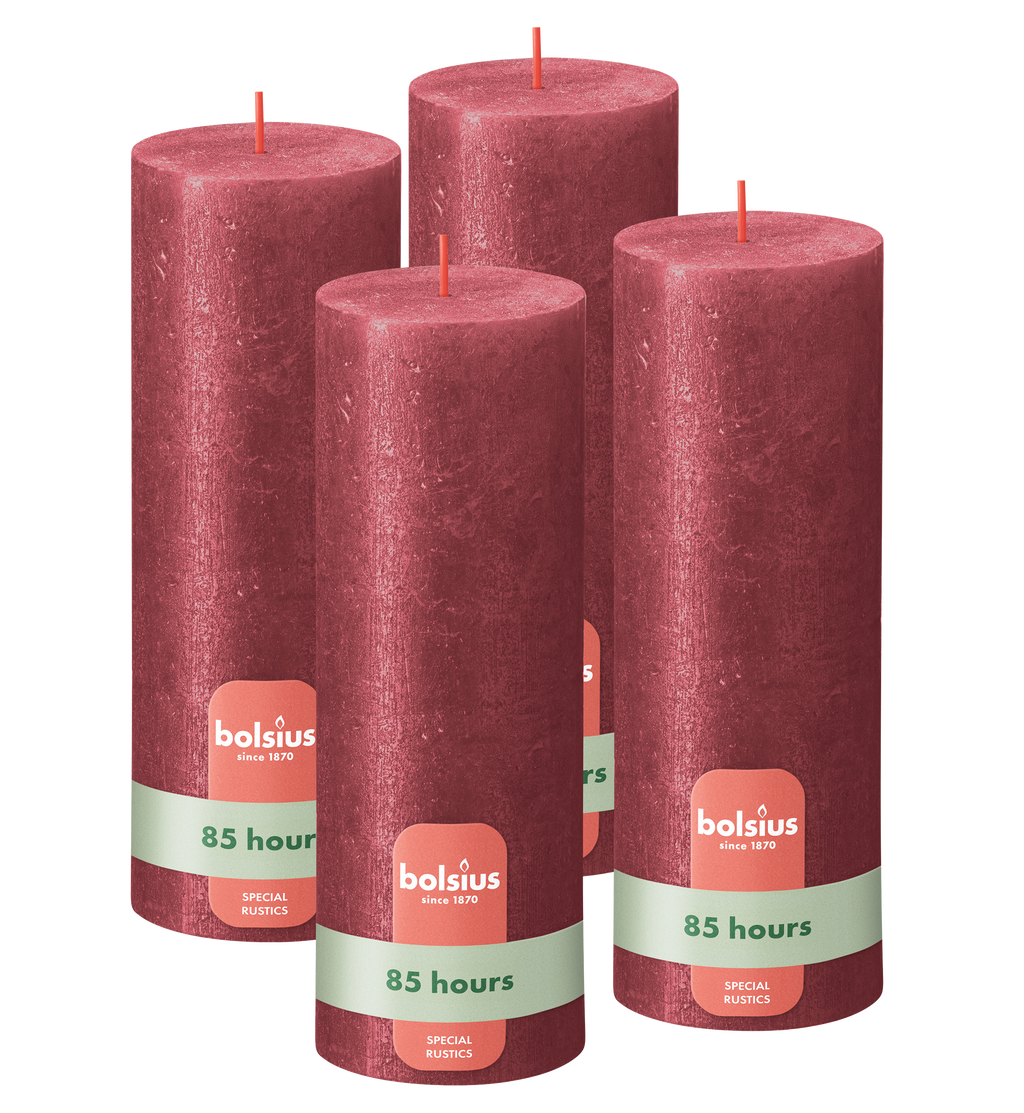 Bolsius - Rustieke kaars Shimmer - 4 Stuks - Metallic - Rood – 19cm
