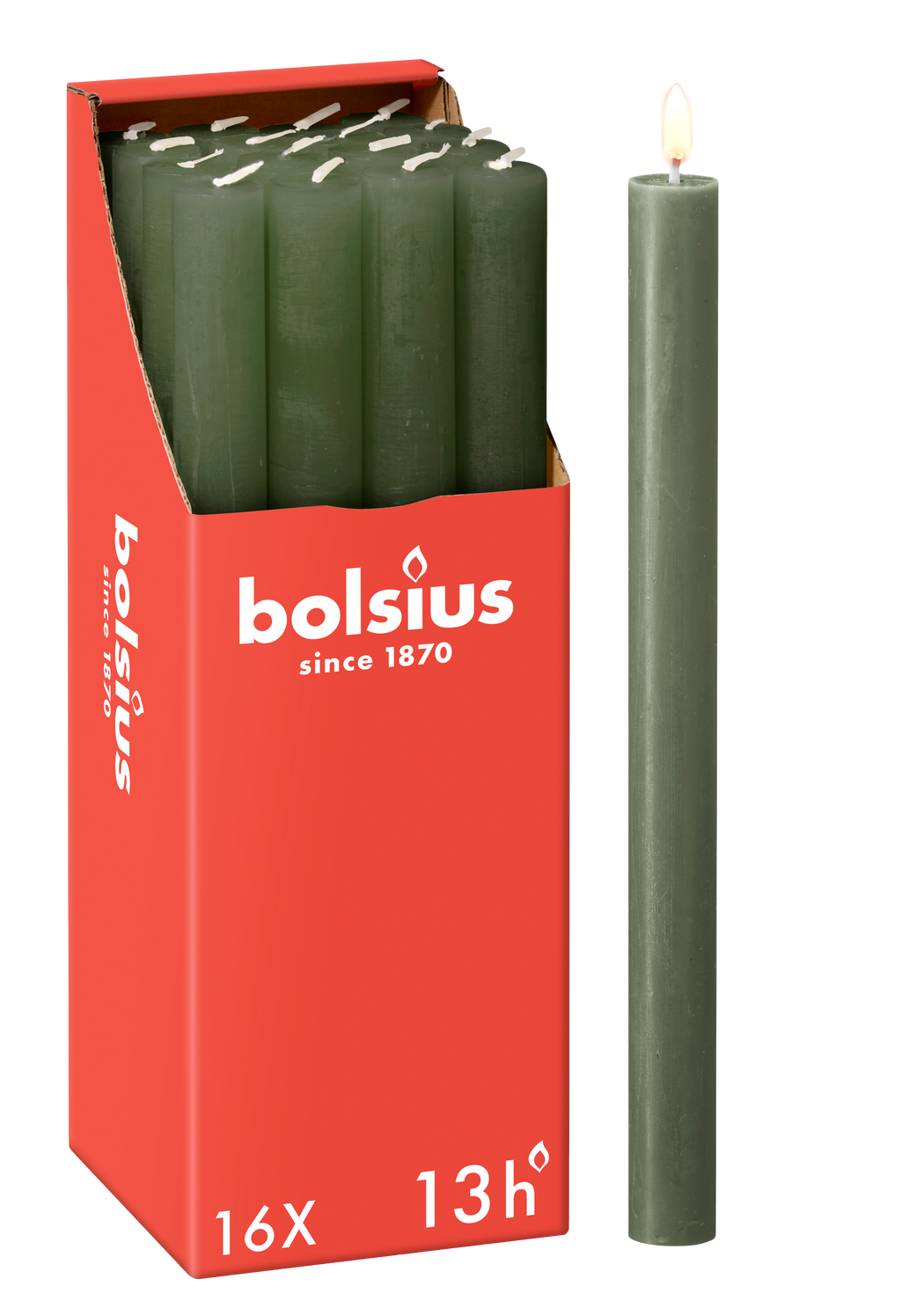 Bolsius - 16 Dinerkaarsen Rustiek - Groen - 13 branduren