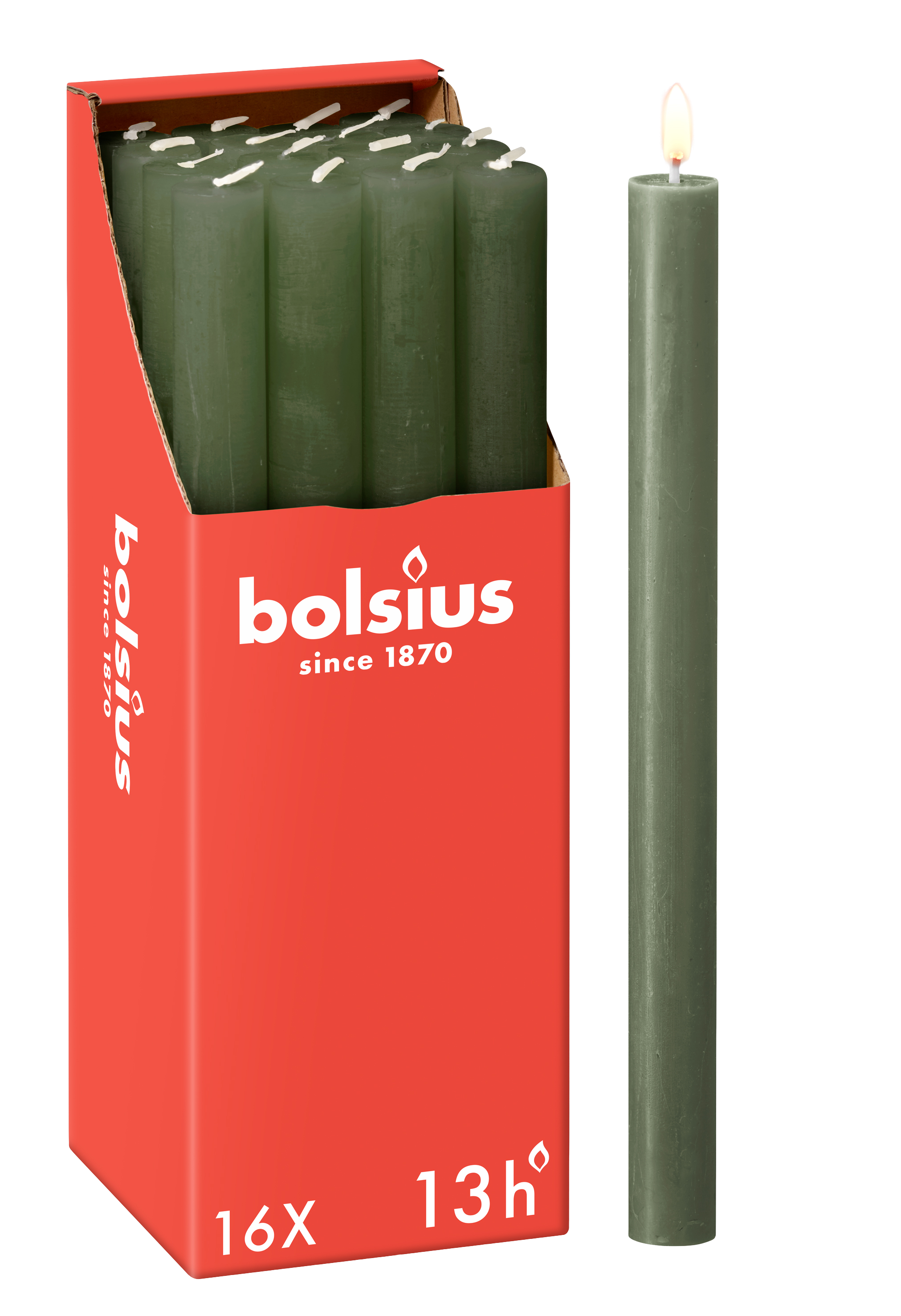 Bolsius - 16 Dinerkaarsen Rustiek - Groen - 13 branduren