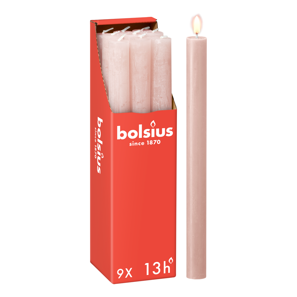 Bolsius - Rustieke Dinerkaarsen - Roze - 9 stuks - 13 branduren - 27 cm
