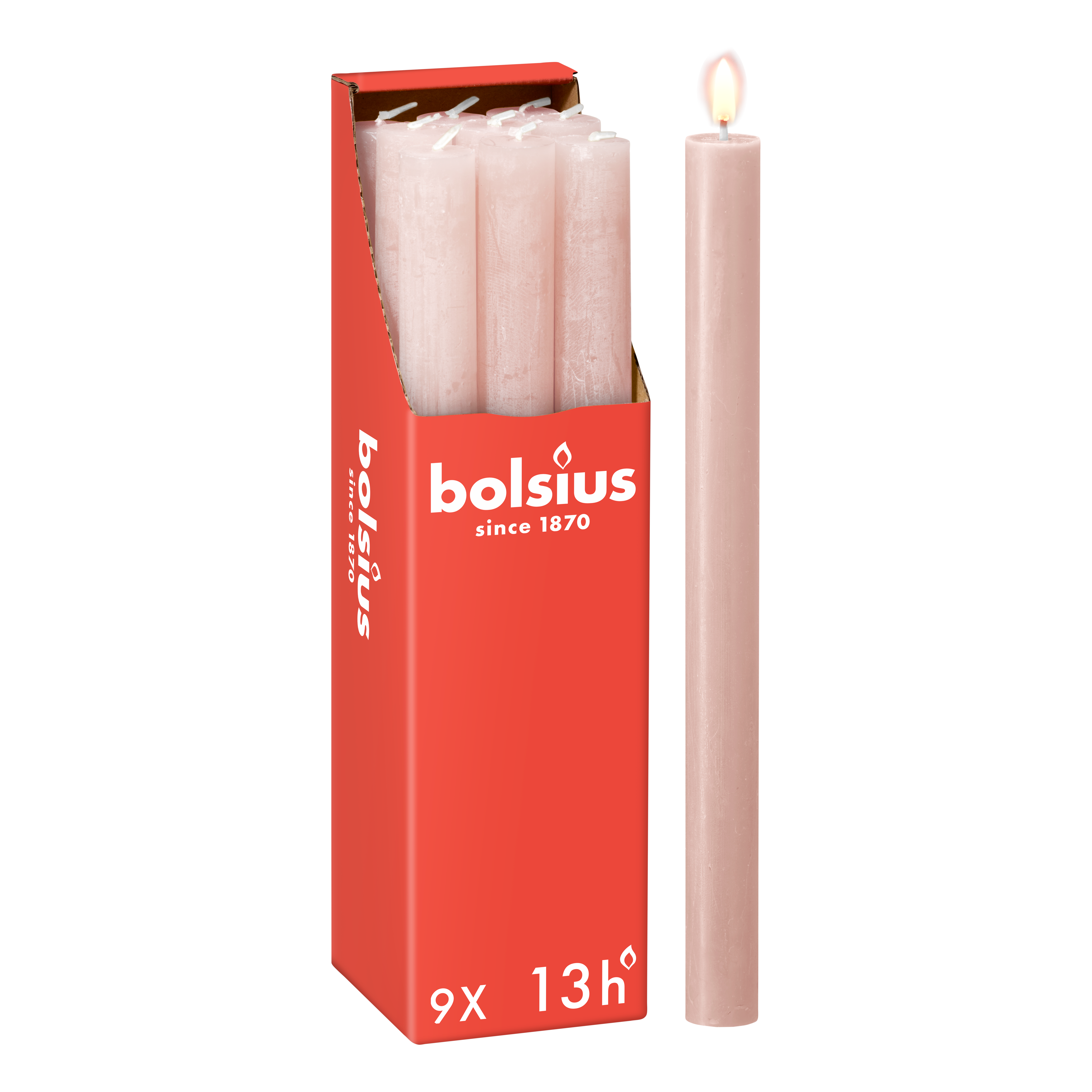 Bolsius - Rustieke Dinerkaarsen - Roze - 9 stuks - 13 branduren - 27 cm