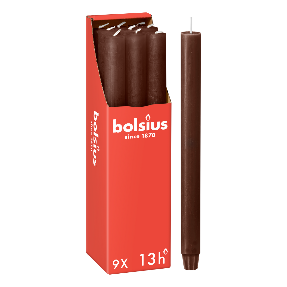 Bolsius - Rustieke Dinerkaarsen - Donkerbruin - 9 stuks - 13 branduren - 27cm