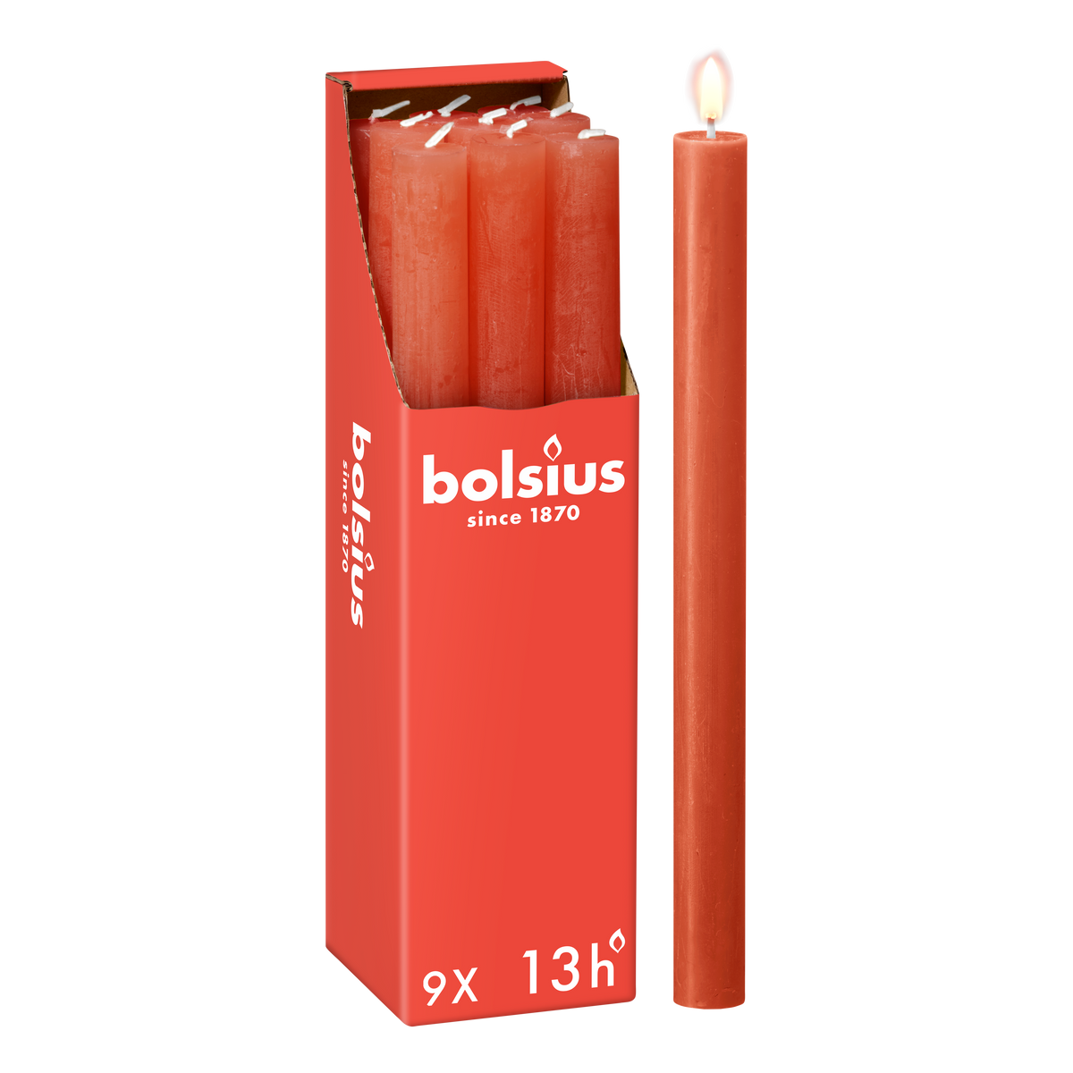 Bolsius - Rustieke Dinerkaarsen - Oranje - 9 stuks - 13 branduren - 27 cm