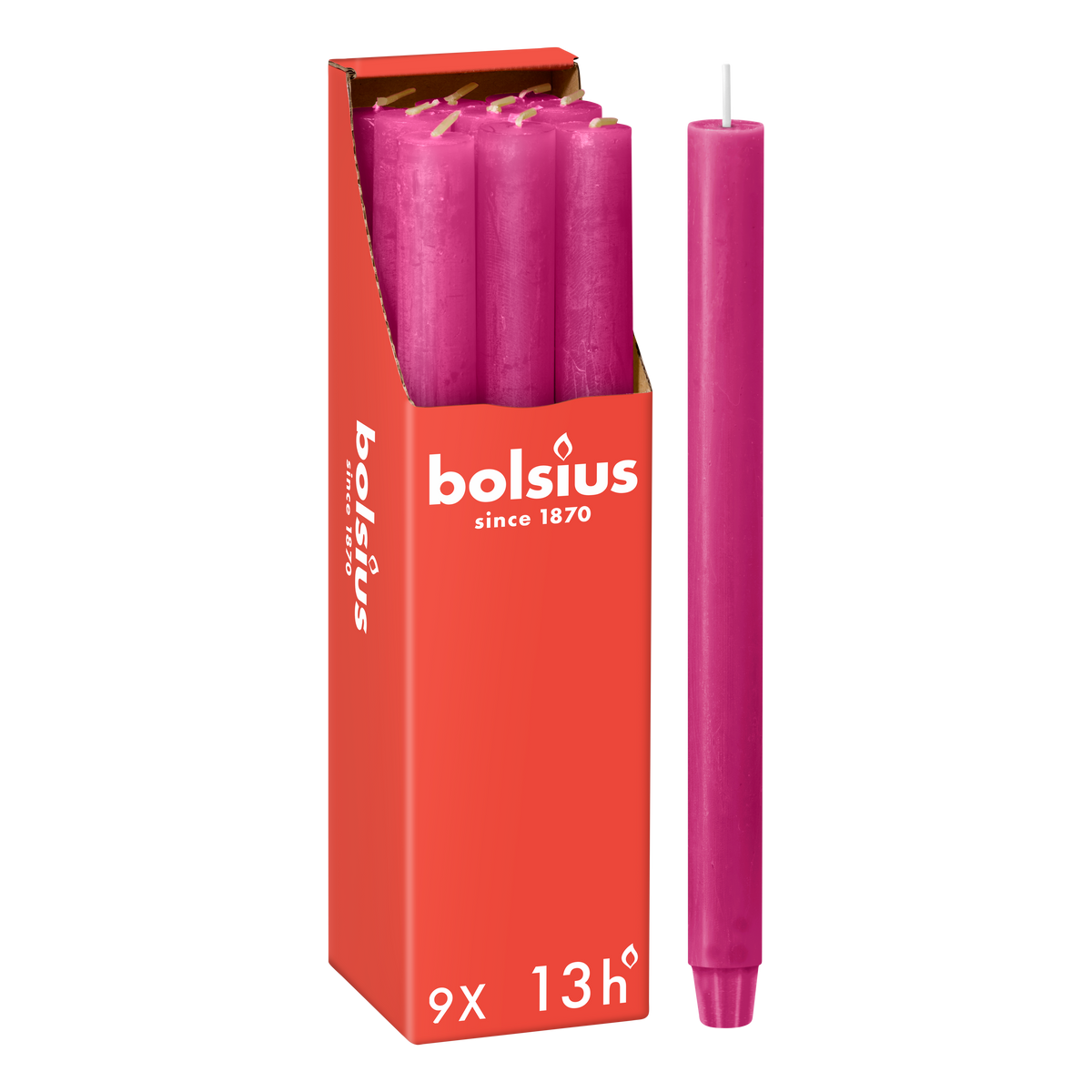 Bolsius - Rustieke Dinerkaarsen - Fuchsia Roze - 9 stuks - 13 branduren - 27cm