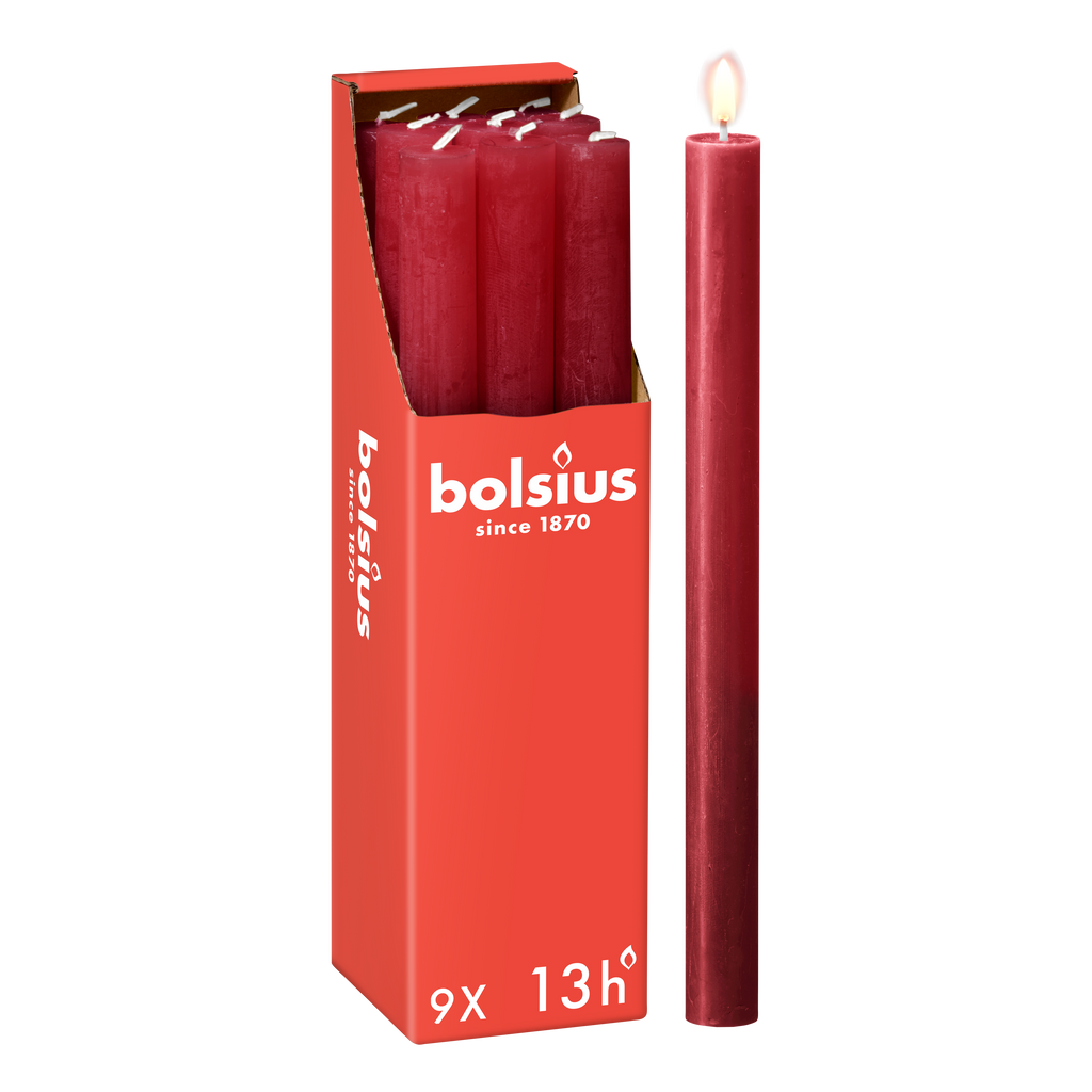 Bolsius - Rustieke Dinerkaarsen - Bordeaux Rood - 9 stuks - 13 branduren - 27 cm
