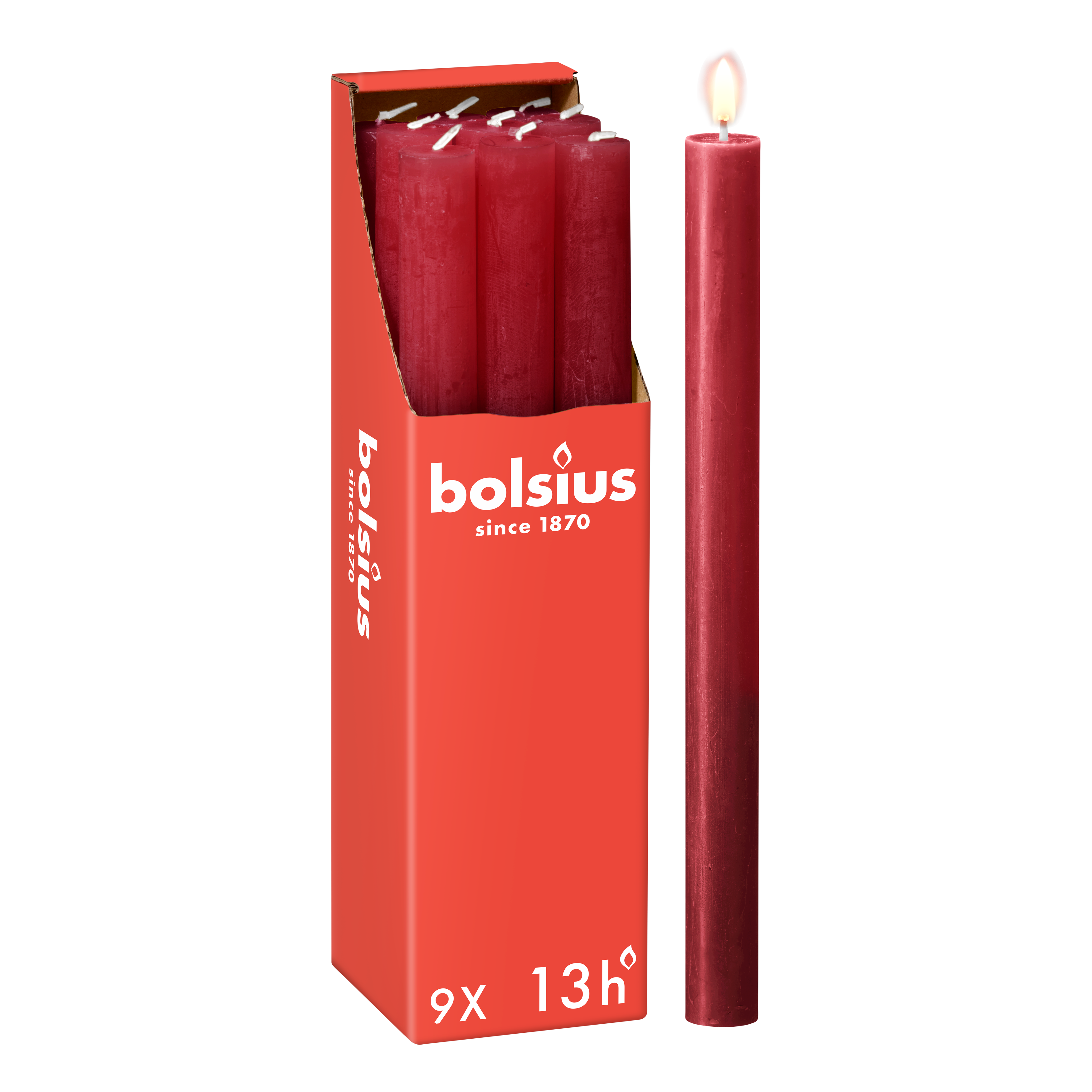 Bolsius - Rustieke Dinerkaarsen - Bordeaux Rood - 9 stuks - 13 branduren - 27 cm