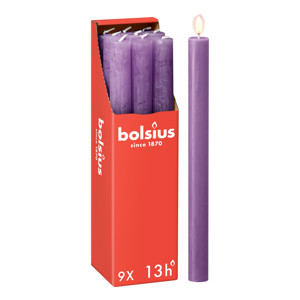 Bolsius - Rustieke Dinerkaarsen - Paars - 9 stuks - 13 branduren - 27 cm