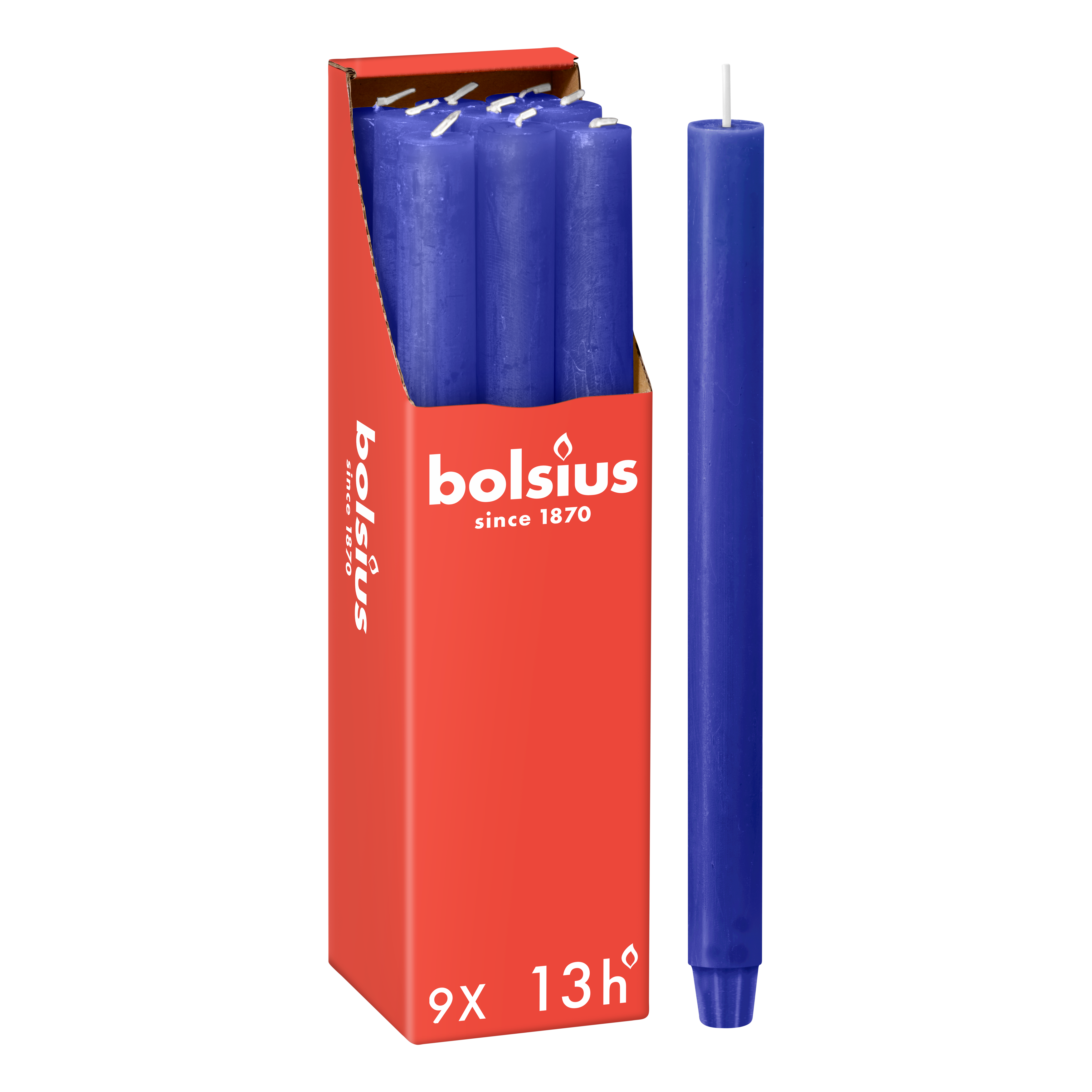 Bolsius - Rustieke Dinerkaarsen - Blauw - 9 stuks - 13 branduren - 27cm
