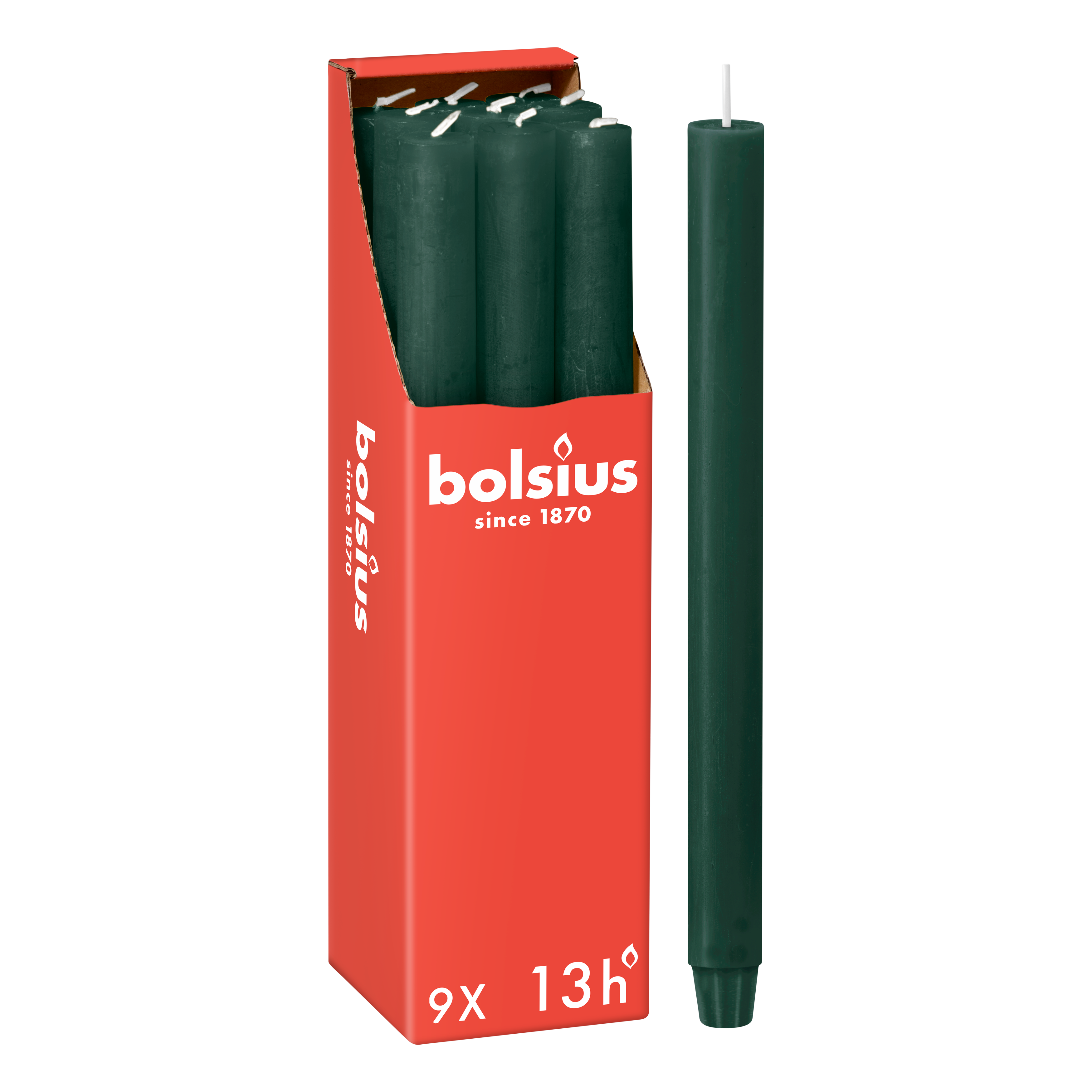 Bolsius - Rustieke Dinerkaarsen - Groen - 9 stuks - 13 branduren - 27cm