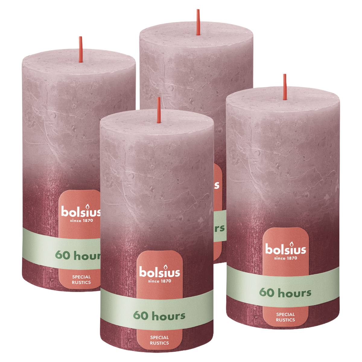 Bolsius - Rustieke kaars - Oud Roze & Rood Metallic - 13cm - 4 Stuks - Fading Metallic
