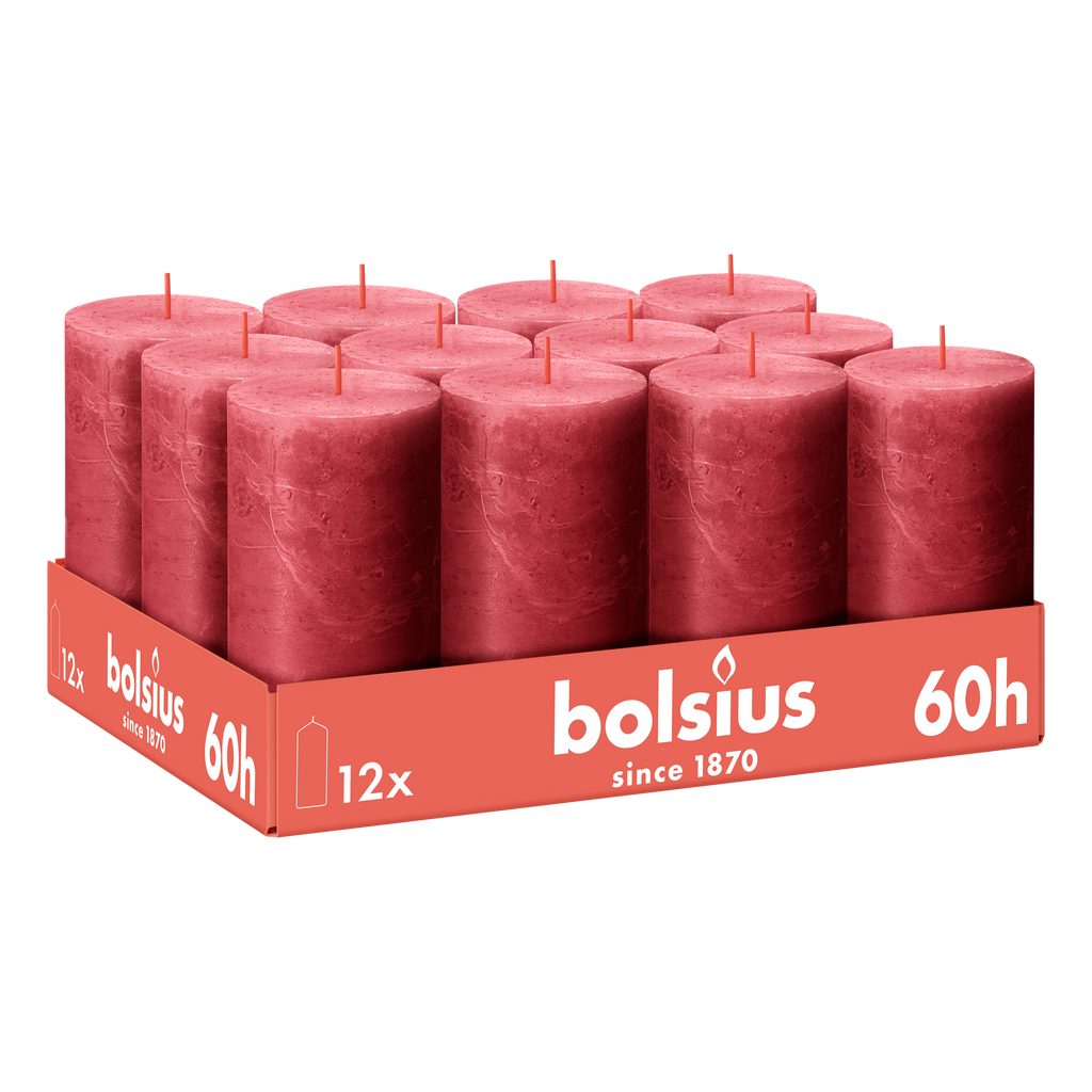 Bolsius - Rustieke Kaars - Rood - 12 stuks - 13 cm - 60 branduren