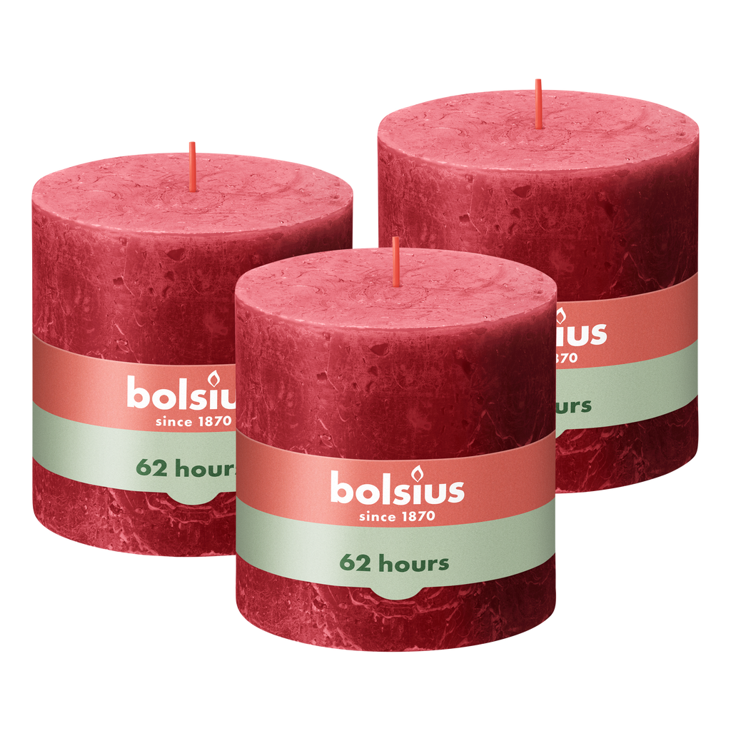 Bolsius - Rustieke Kaars - 3 Stuks - Rood - 10 x 10cm - 62 Branduren