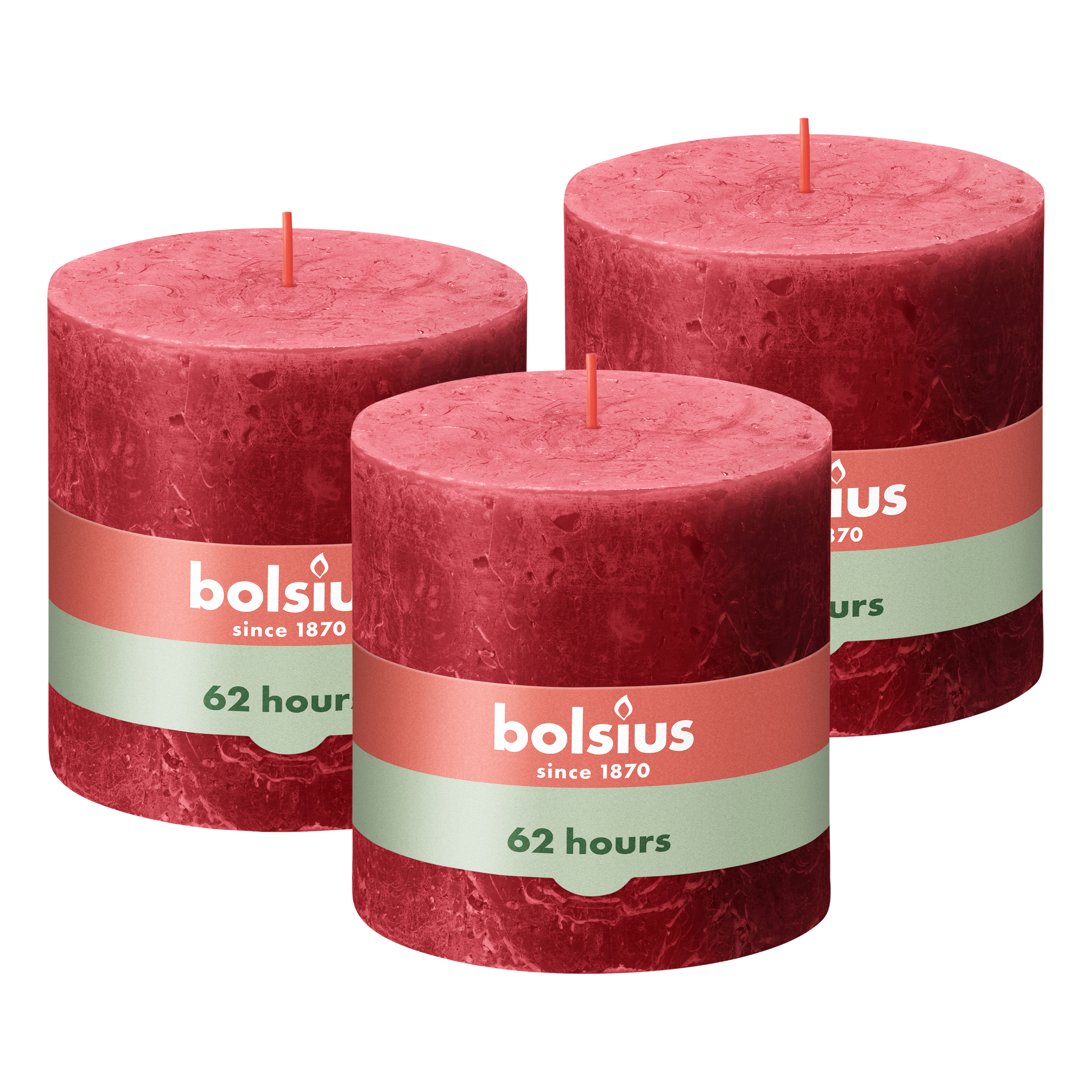 Bolsius - Rustieke Kaars - 3 Stuks - Rood - 10 x 10cm - 62 Branduren
