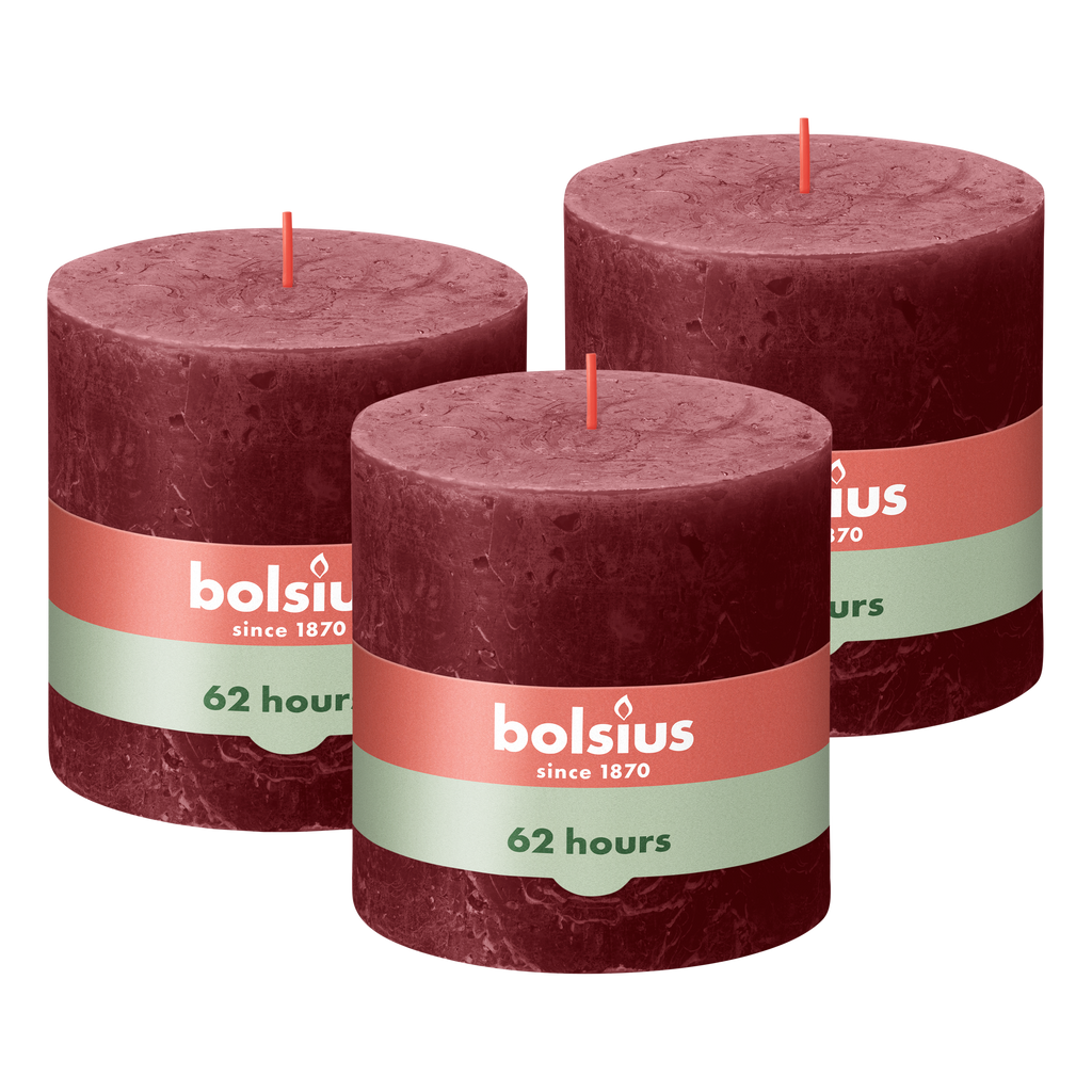 Bolsius - Rustieke Kaars - 3 Stuks - Bordeaux Rood - 10 x 10cm - 62 Branduren