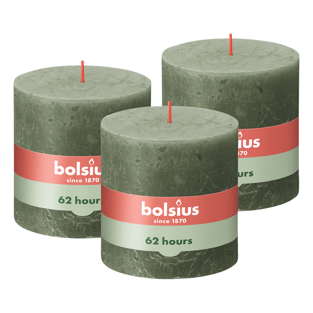 Bolsius - Rustieke Kaars - 3 Stuks - Groen - 10 x 10cm - 62 Branduren
