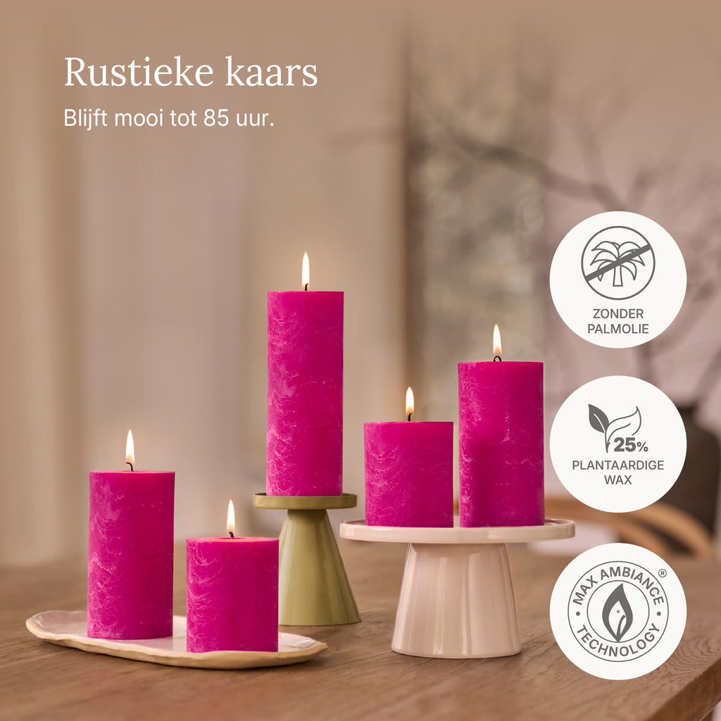 Bolsius - Rustieke Stompkaarsen - 4 Stuks - Fuchsia Roze - 19cm - 85 branduren