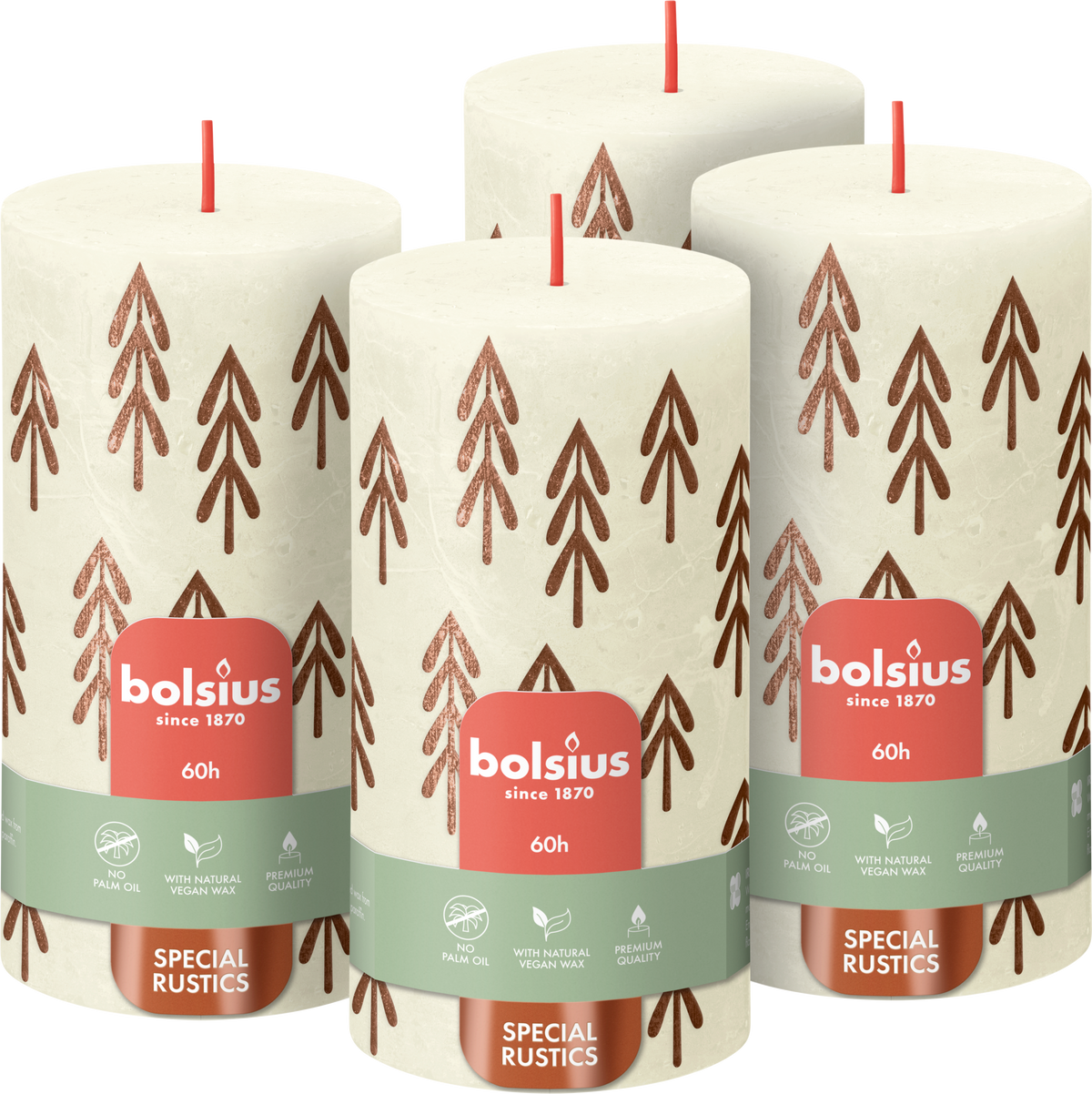 Bolsius - Rustieke kaars - 4 Stuks - Ivoor met print - 13cm - Kerst patroon
